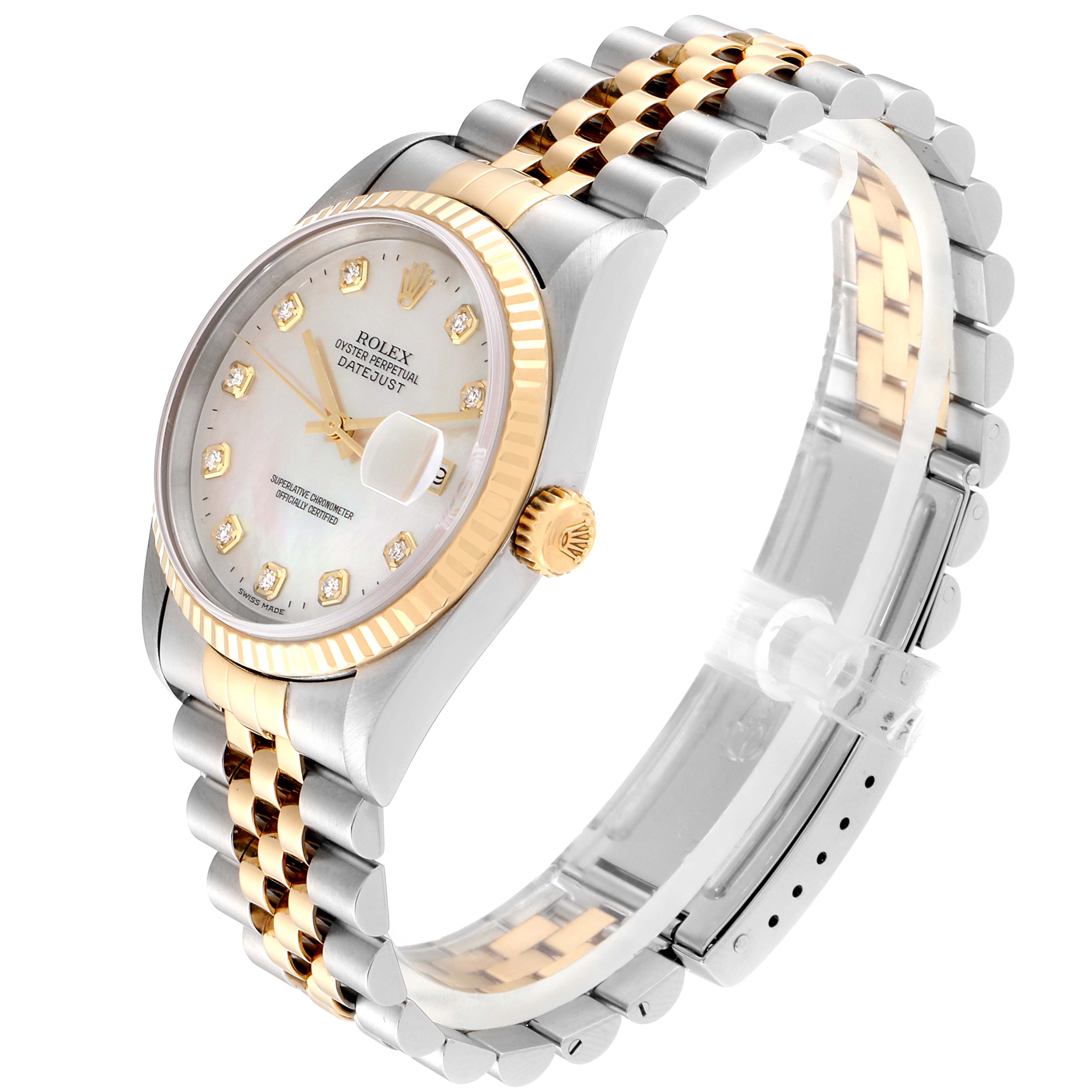 This image shows a Rolex Datejust 16233 Men
s Steel and Gold (two tone) Mother of Pearl Dial 16233 Men
s Steel and Gold (two tone) Mother of Pearl Dial watch at a slight side angle, highlighting the two-tone bracelet, fluted bezel, and diamond hour markers.