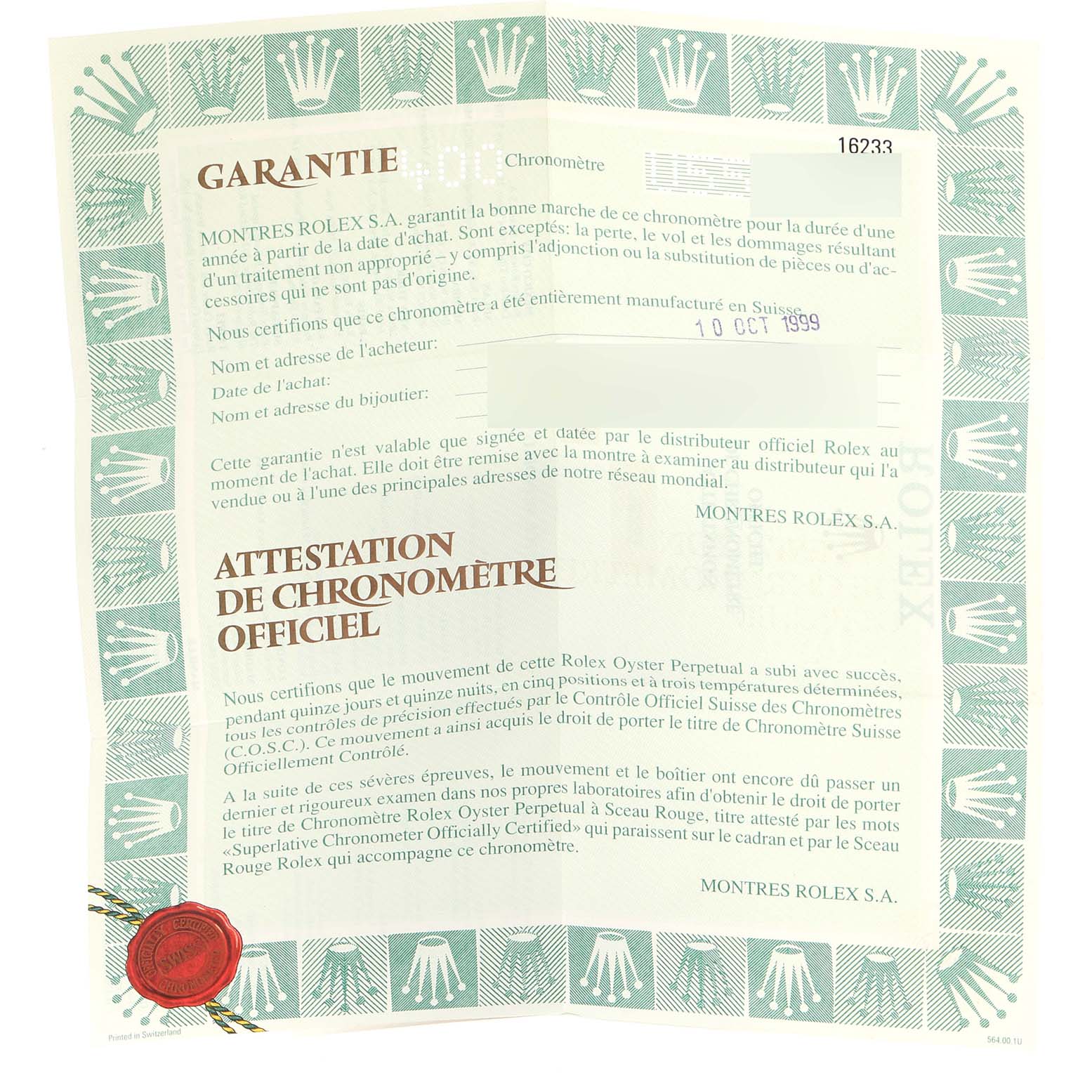 This image shows a warranty certificate for a Datejust model by Rolex.