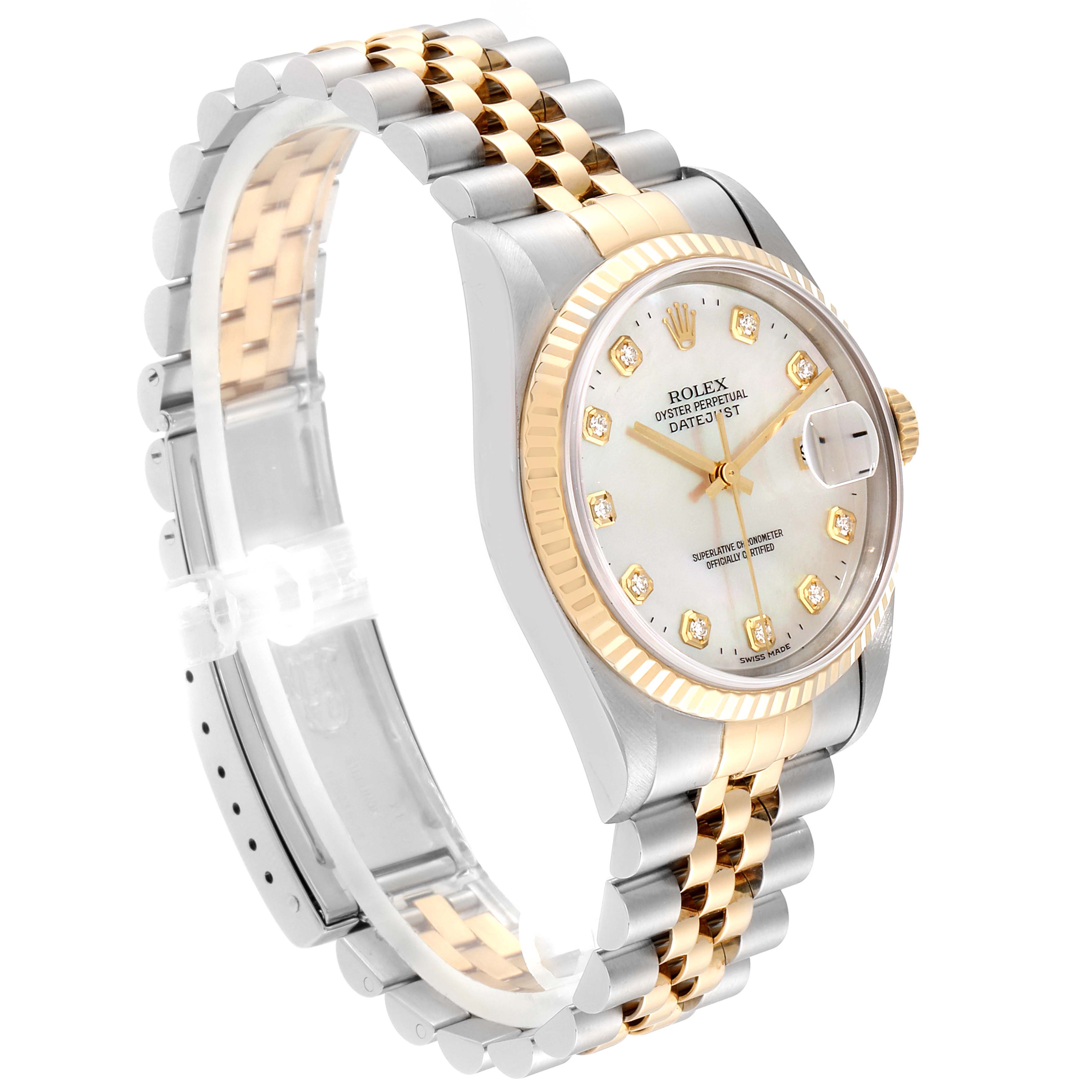 The image shows a side angle of a Rolex Datejust 16233 Men
s Steel and Gold (two tone) Mother of Pearl Dial 16233 Men
s Steel and Gold (two tone) Mother of Pearl Dial watch, highlighting its dial, bezel, and bracelet.
