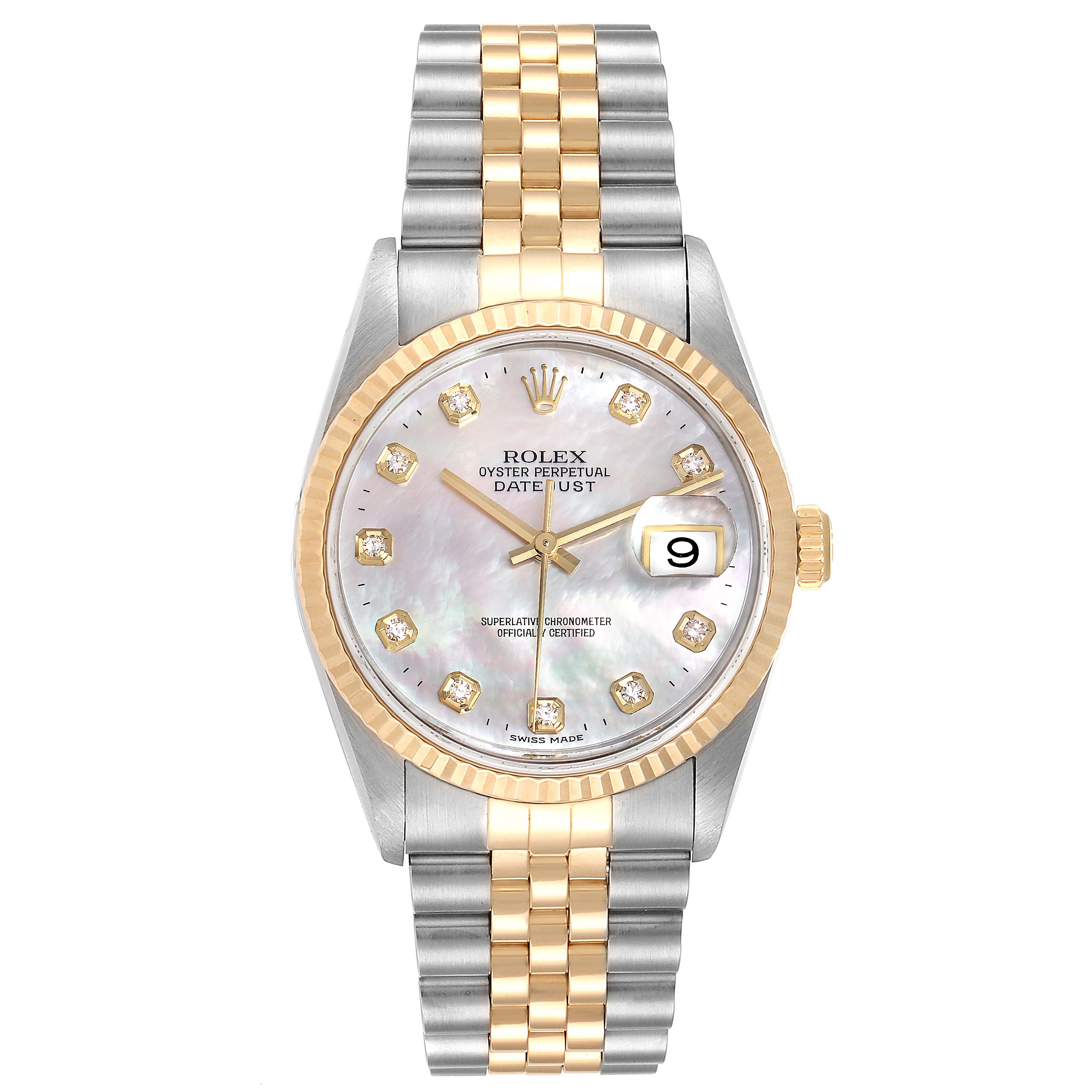 This Rolex Datejust 16233 Men
s Steel and Gold (two tone) Mother of Pearl Dial 16233 Men
s Steel and Gold (two tone) Mother of Pearl Dial model is shown from a straight-on angle, displaying the face, bezel, and bracelet.