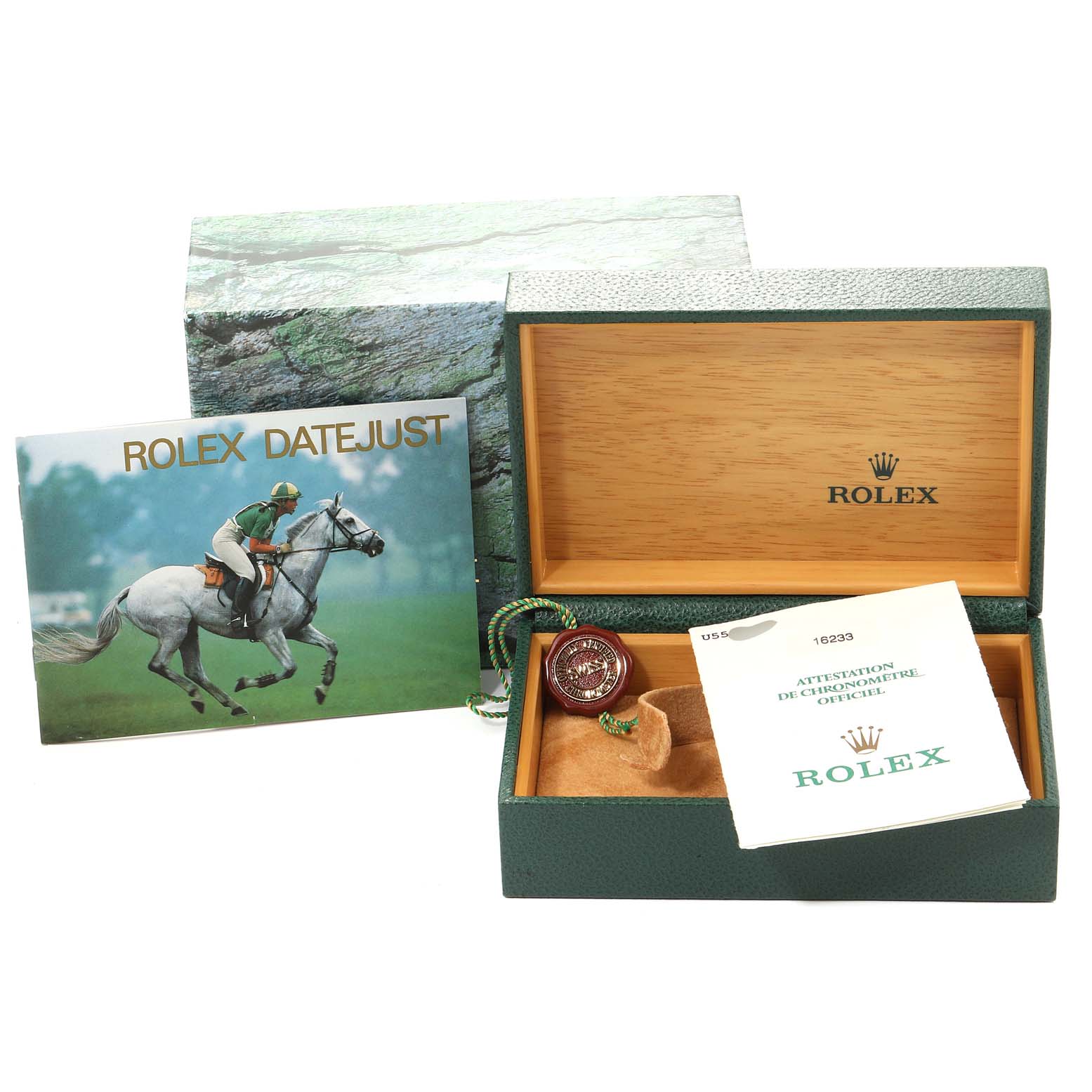 The image shows the Rolex Datejust 16233 Men
s Steel and Gold (two tone) Mother of Pearl Dial 16233 Men
s Steel and Gold (two tone) Mother of Pearl Dial box, warranty booklet, tag, and certificate, all from an angle above with the box open.