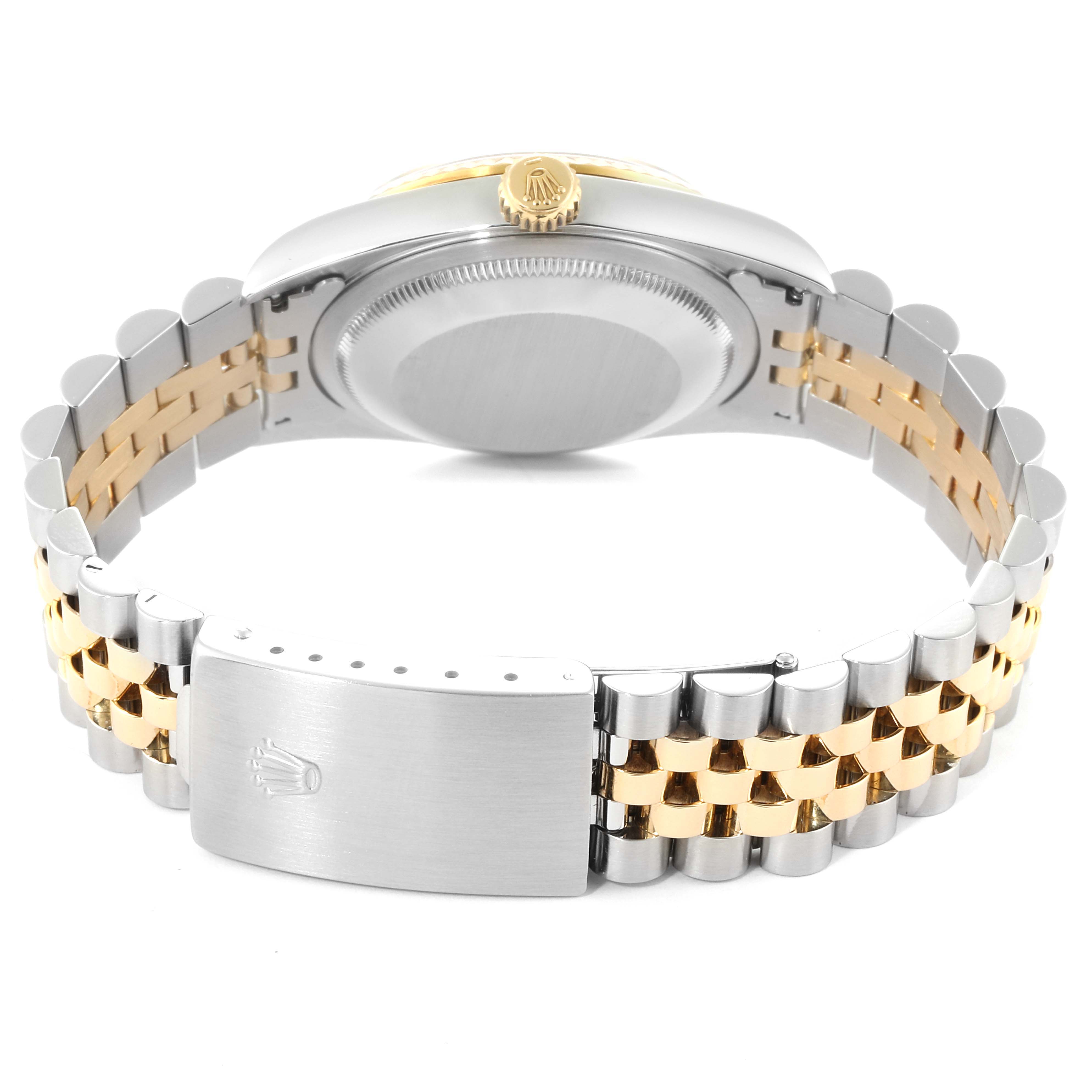 This image shows the back view of a Rolex Datejust 16233 Men
s Steel and Gold (two tone) Mother of Pearl Dial 16233 Men
s Steel and Gold (two tone) Mother of Pearl Dial watch, highlighting the case back, crown, and two-tone bracelet with a clasp.