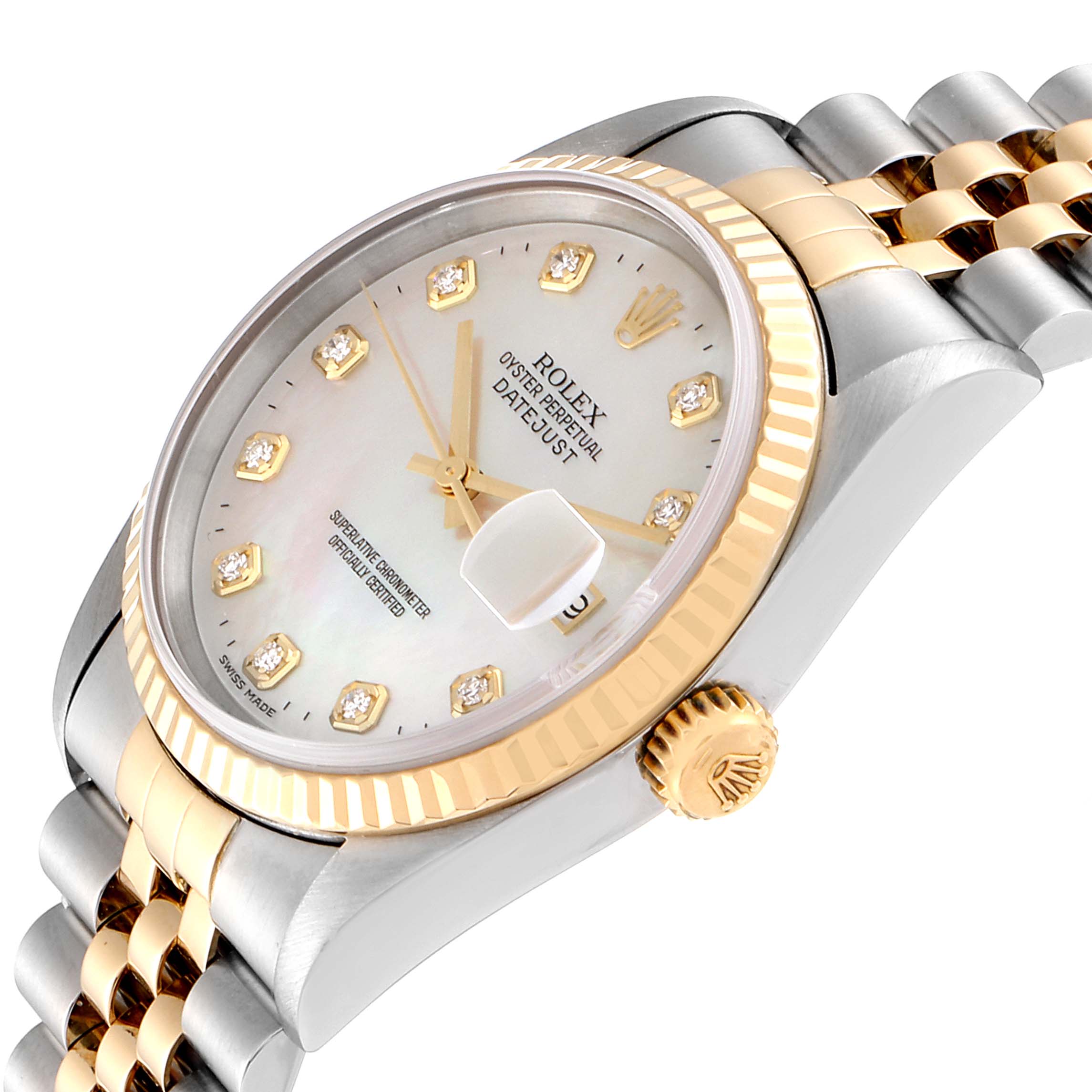 This image shows the dial, crown, and partial bracelet of a Rolex Datejust 16233 Men
s Steel and Gold (two tone) Mother of Pearl Dial 16233 Men
s Steel and Gold (two tone) Mother of Pearl Dial watch from an angled side view.