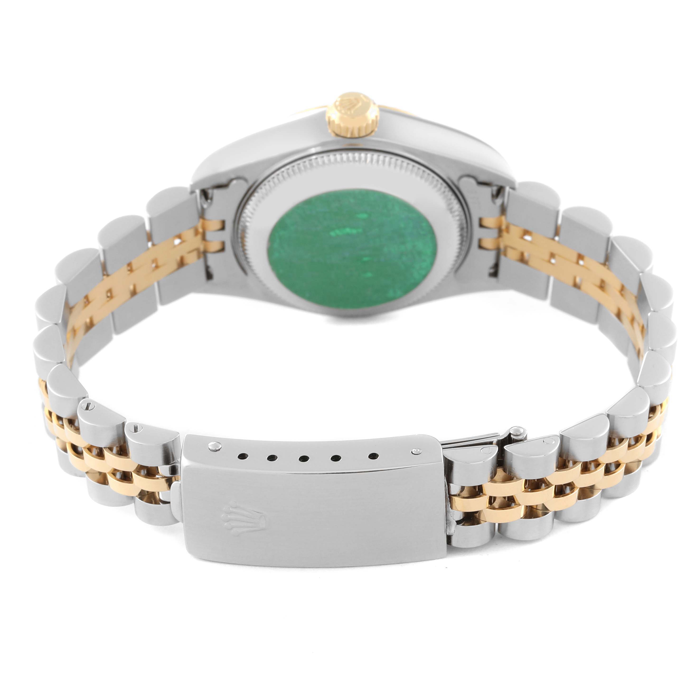 The image shows the back view of a Rolex Datejust 79173 Women's Steel and Gold (two tone) Silver Dial 79173 Women's Steel and Gold (two tone) Silver Dial watch, displaying its clasp, bracelet, case back, and crown.