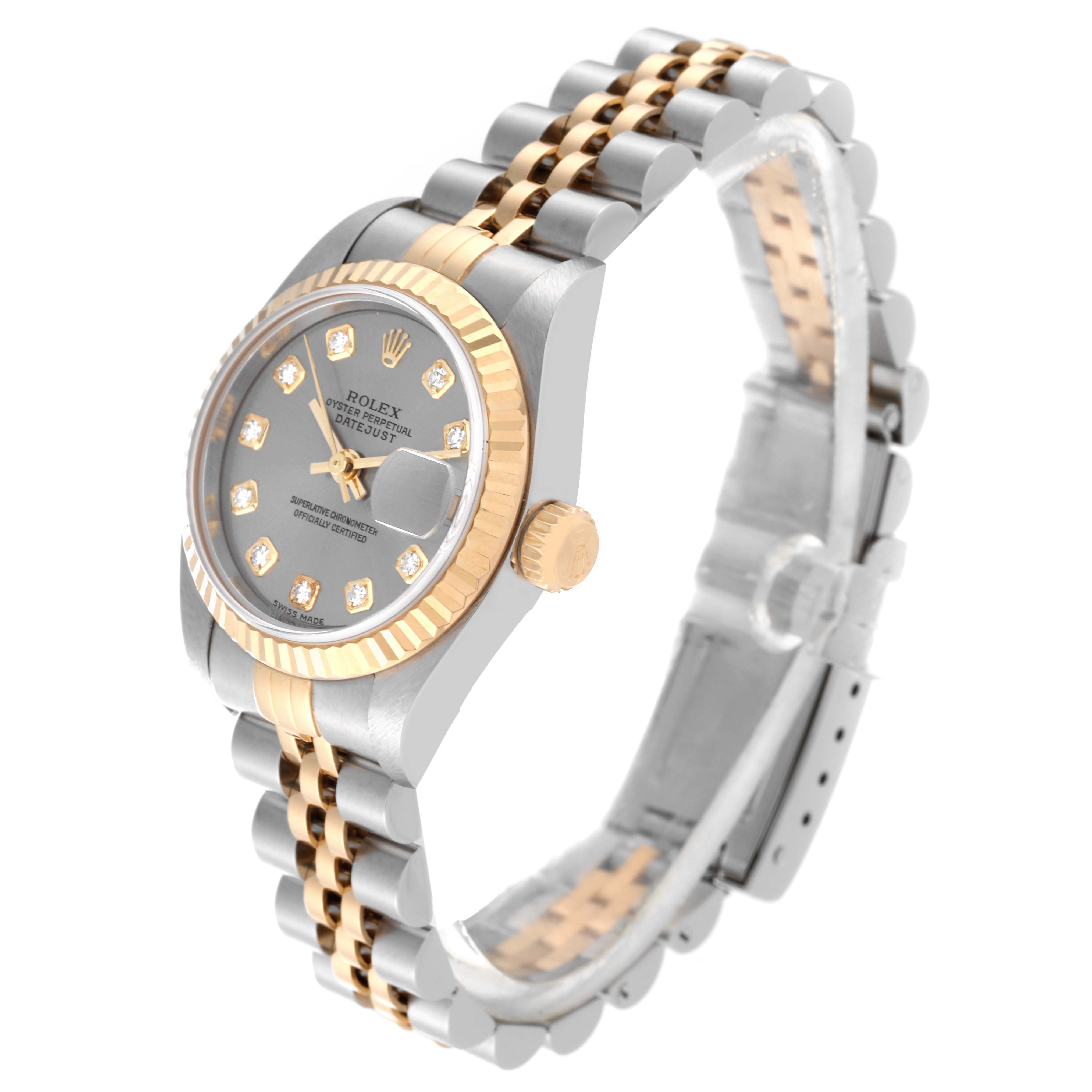 The image shows a Rolex Datejust 79173 Women's Steel and Gold (two tone) Silver Dial 79173 Women's Steel and Gold (two tone) Silver Dial watch at a three-quarter angle, highlighting its two-tone bracelet, bezel, and face with diamond hour markers.