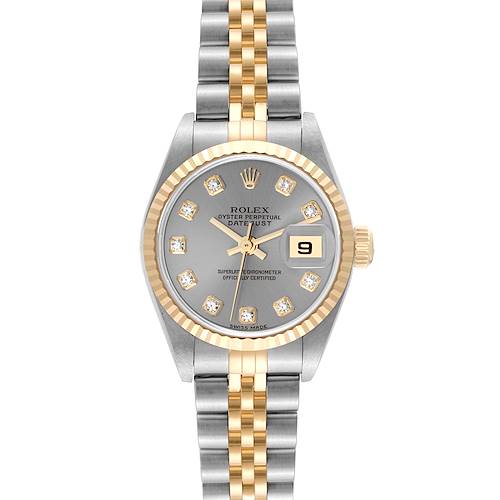 This Rolex Datejust watch is shown from a top-down angle, highlighting its grey dial, date display, and two-tone bracelet.