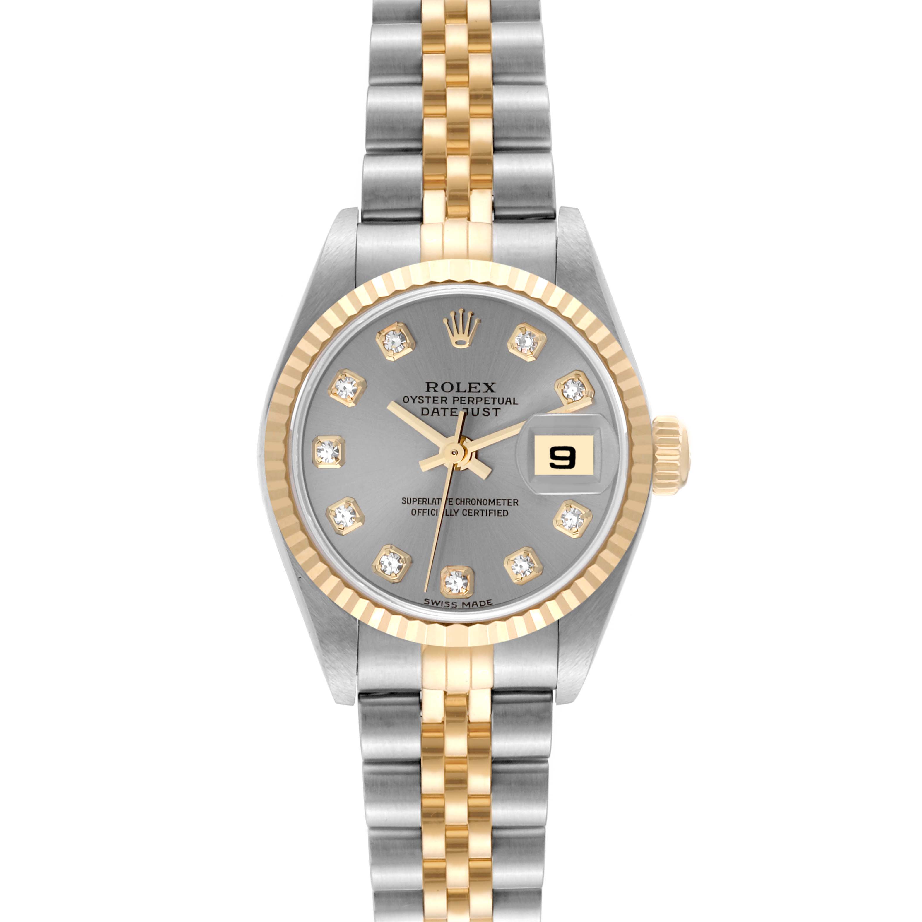 This image shows the Rolex Datejust 79173 Women's Steel and Gold (two tone) Silver Dial 79173 Women's Steel and Gold (two tone) Silver Dial watch from a top-down angle, highlighting its face, bezel, and bracelet.