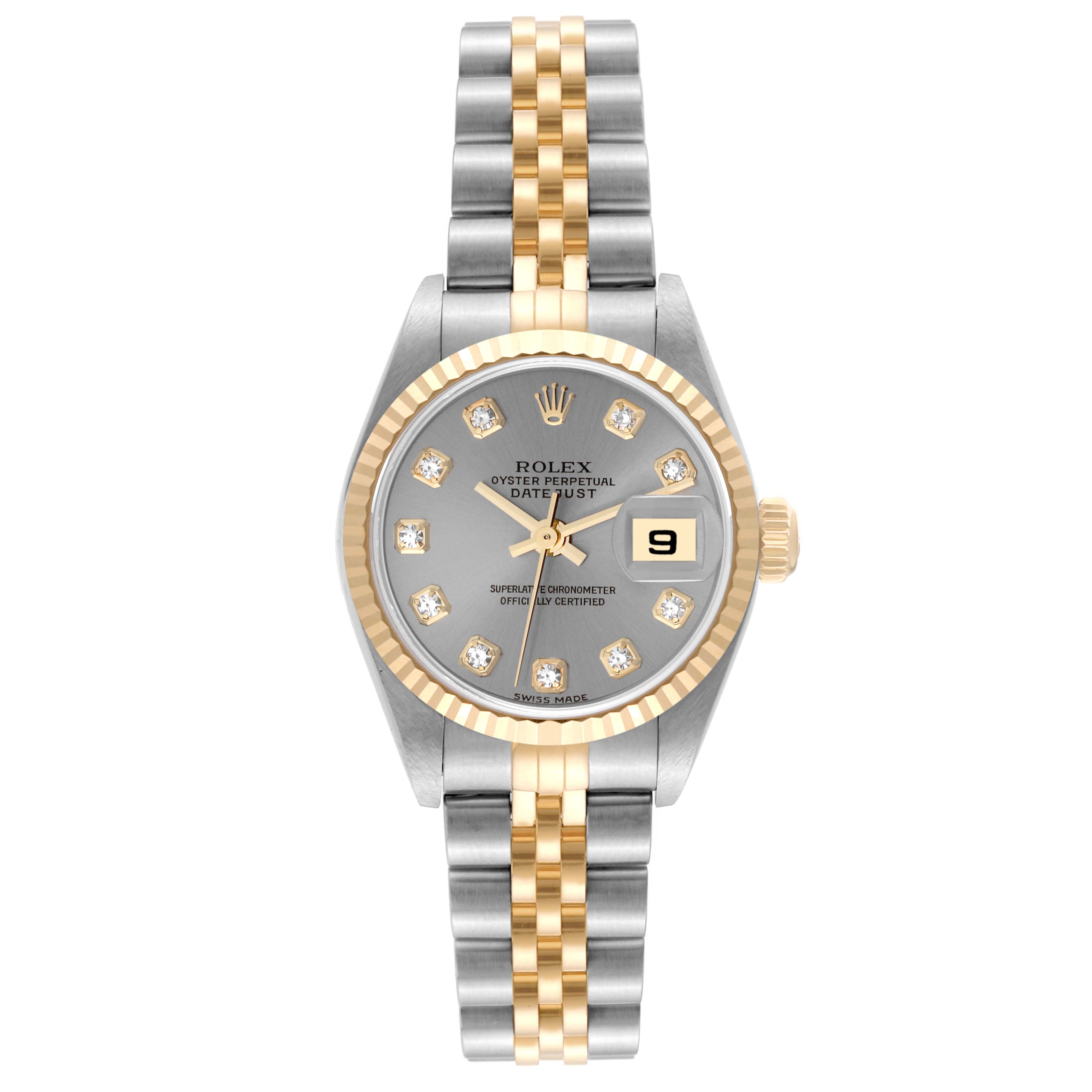 This Rolex Datejust 79173 Women's Steel and Gold (two tone) Silver Dial 79173 Women's Steel and Gold (two tone) Silver Dial watch is shown from a top-down angle, displaying its face, bracelet, and fluted bezel.