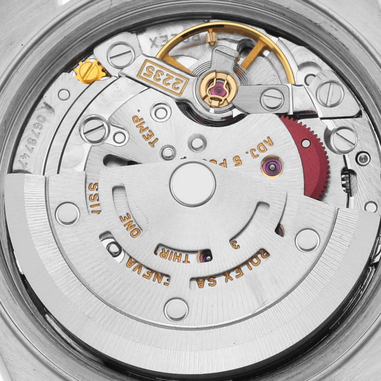 This is a close-up view of the Rolex Datejust 79173 Women's Steel and Gold (two tone) Silver Dial 79173 Women's Steel and Gold (two tone) Silver Dial watch's movement, showing its intricate internal mechanical parts.