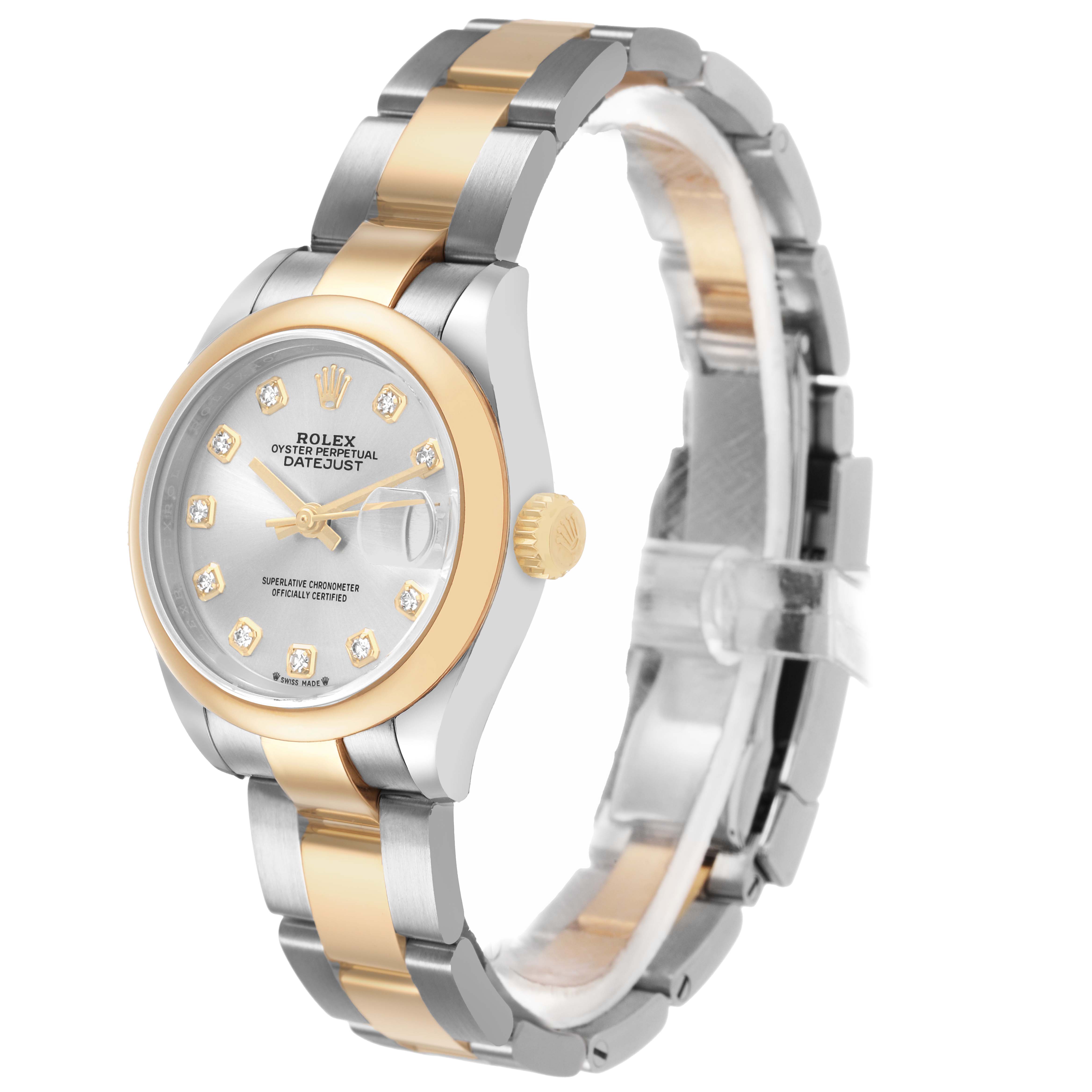 The Rolex Datejust 279163 Women's Steel and Gold (two tone) Silver Dial watch is shown at a slight angle, displaying the face, crown, and bracelet with gold and silver tones.