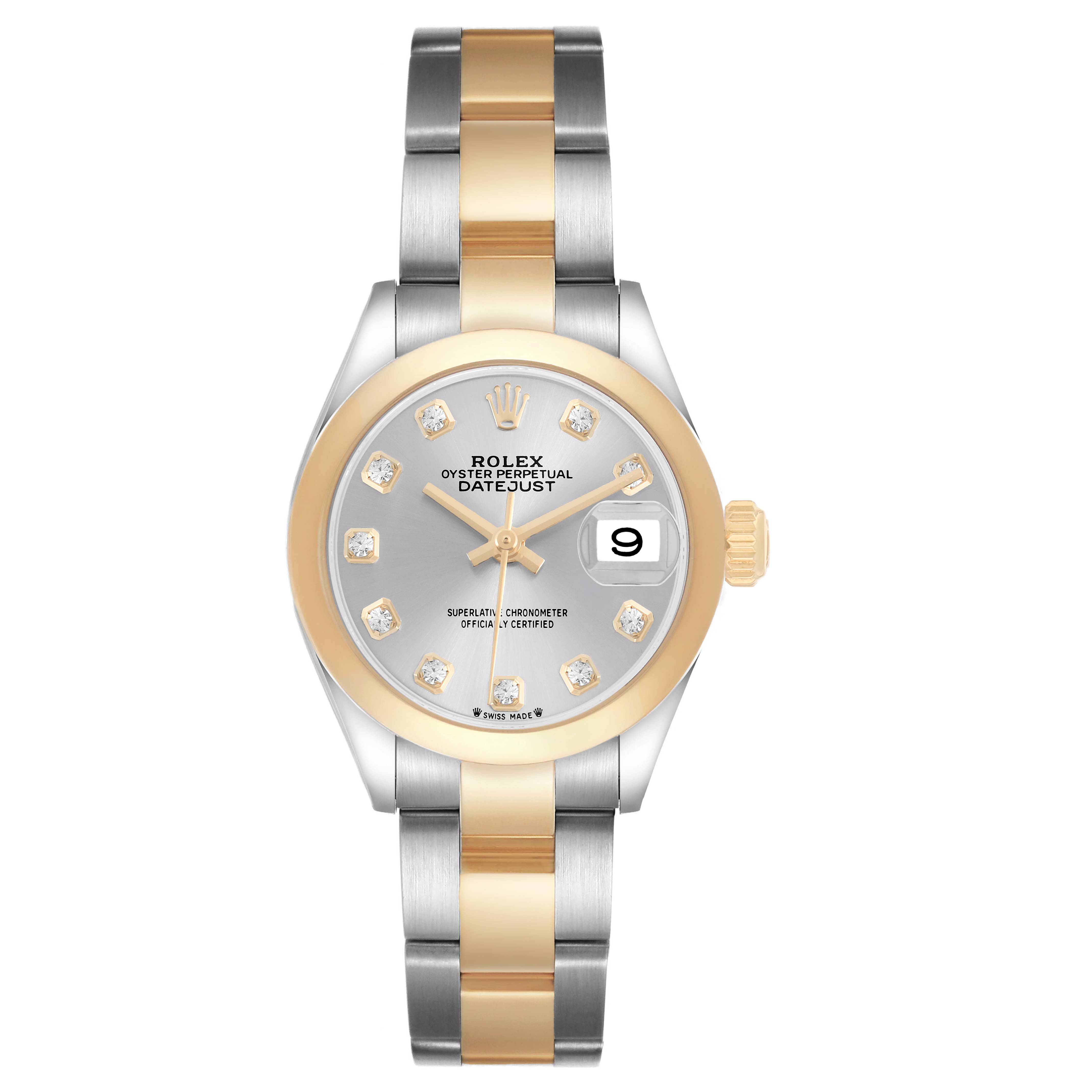 The Rolex Datejust 279163 Women's Steel and Gold (two tone) Silver Dial watch is shown from a front view, displaying its dial, bezel, and bracelet.