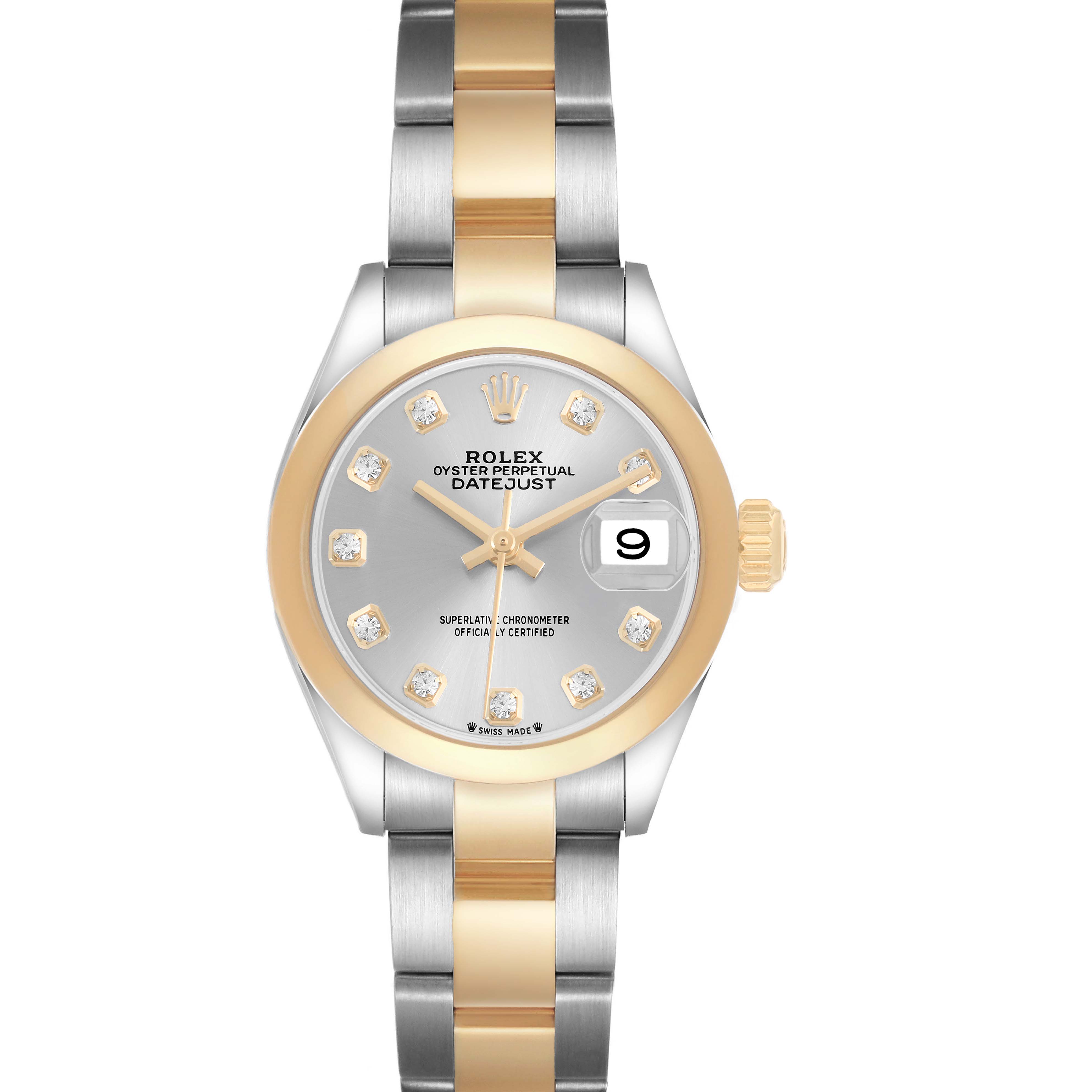 The Rolex Datejust 279163 Women's Steel and Gold (two tone) Silver Dial watch is shown from a front view, featuring its face, bezel, and bracelet.