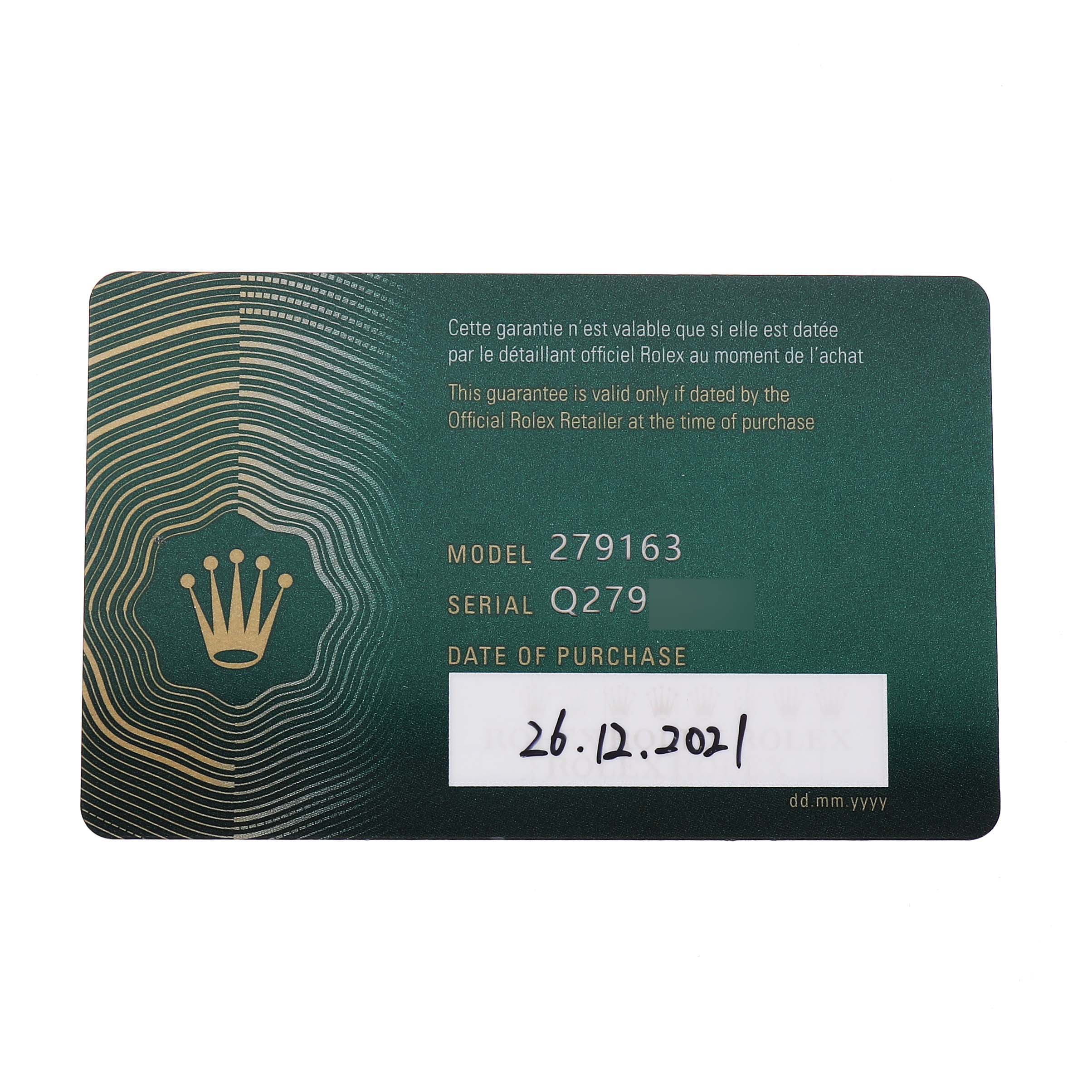 The image shows a warranty card for the Rolex Datejust 279163 Women's Steel and Gold (two tone) Silver Dial, displaying model and serial numbers.