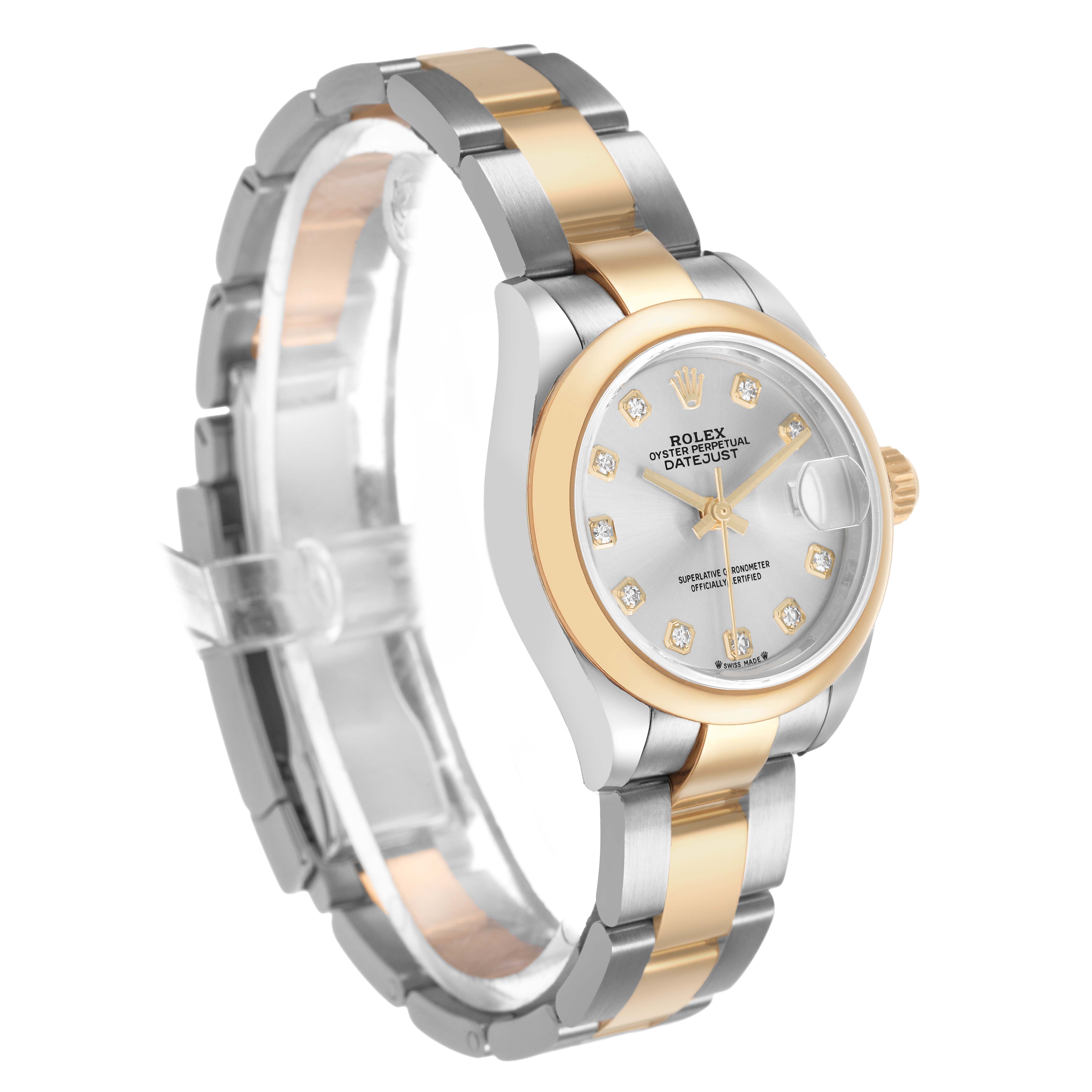 The Rolex Datejust 279163 Women's Steel and Gold (two tone) Silver Dial watch is shown from an angled side view, featuring the dial, bezel, bracelet, and part of the crown.