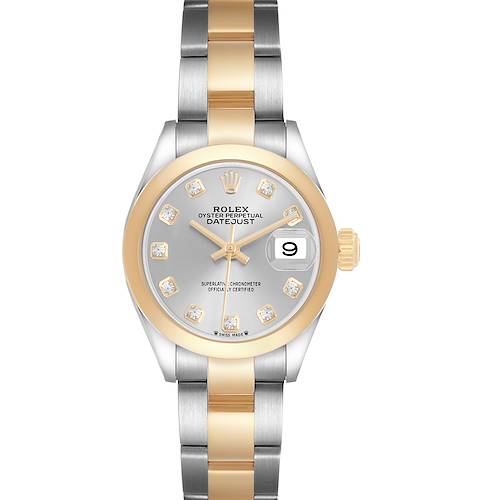The Rolex Datejust 279163 Women's Steel and Gold (two tone) Silver Dial watch is shown from the front, displaying the dial, hands, date window, and part of the bracelet with a gold and silver tone.