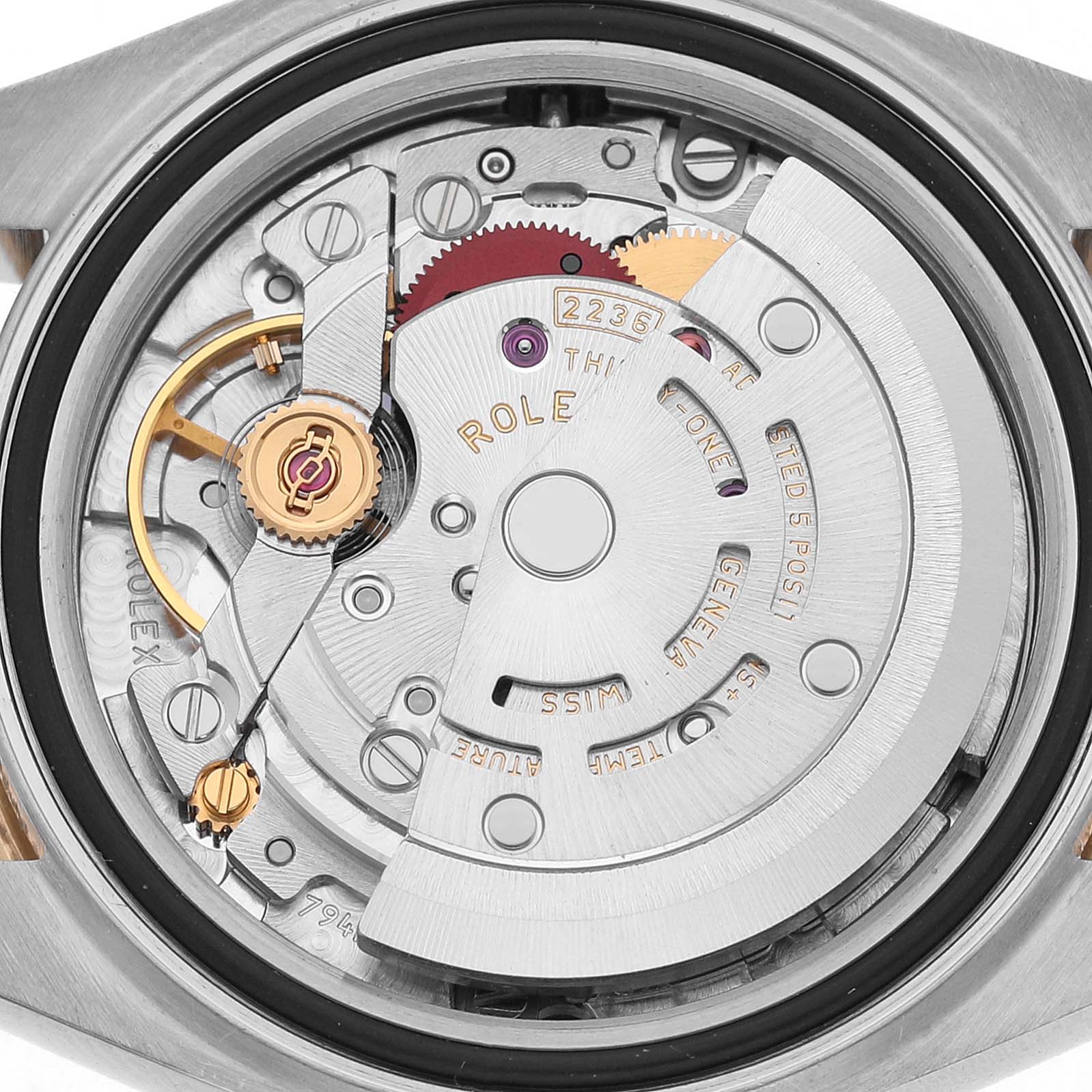 This image shows the Rolex Datejust 279163 Women's Steel and Gold (two tone) Silver Dial watch movement from a top-down angle, highlighting its internal components.