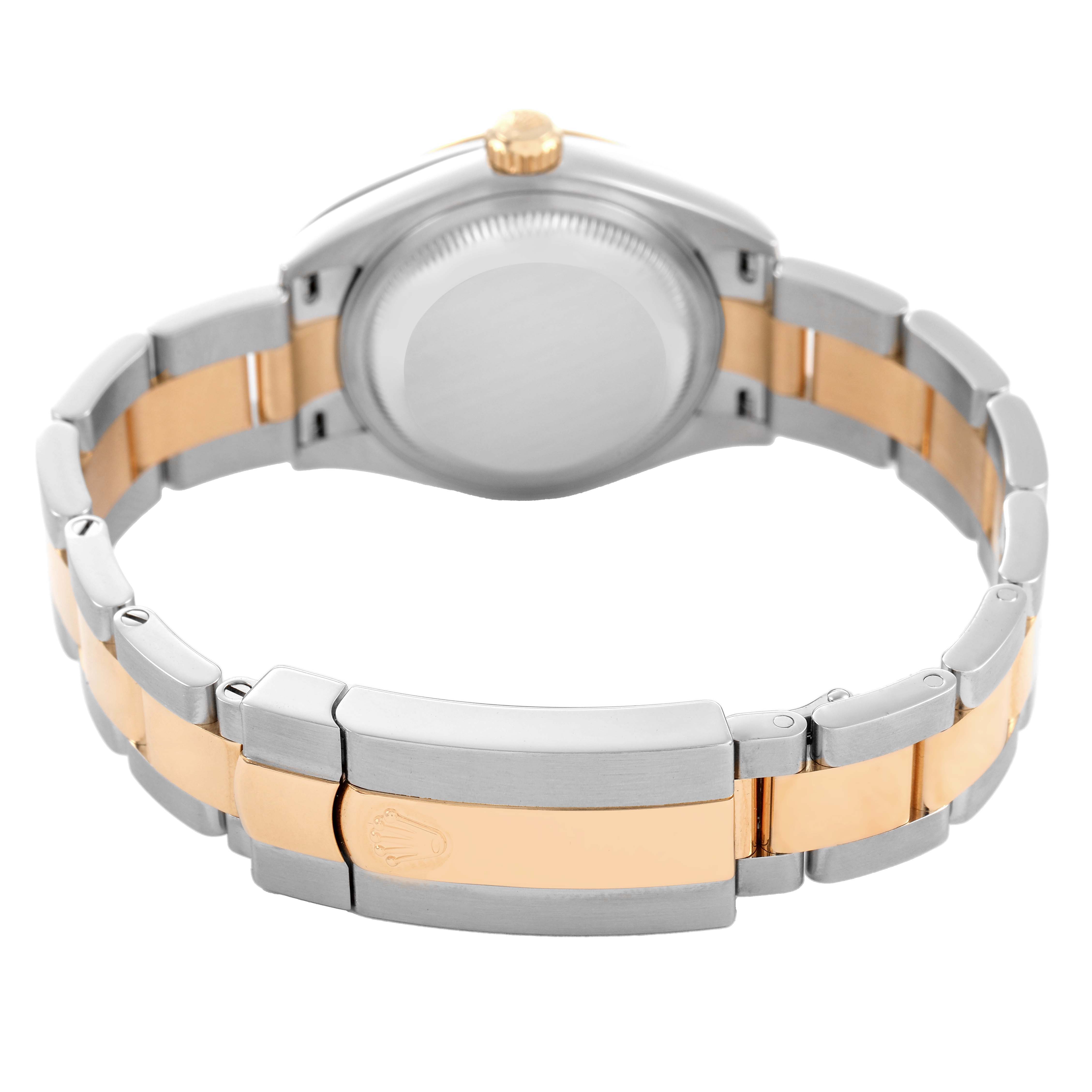 The image shows the back and bracelet of a Rolex Datejust 279163 Women's Steel and Gold (two tone) Silver Dial watch, highlighting its two-tone metal design and clasp.