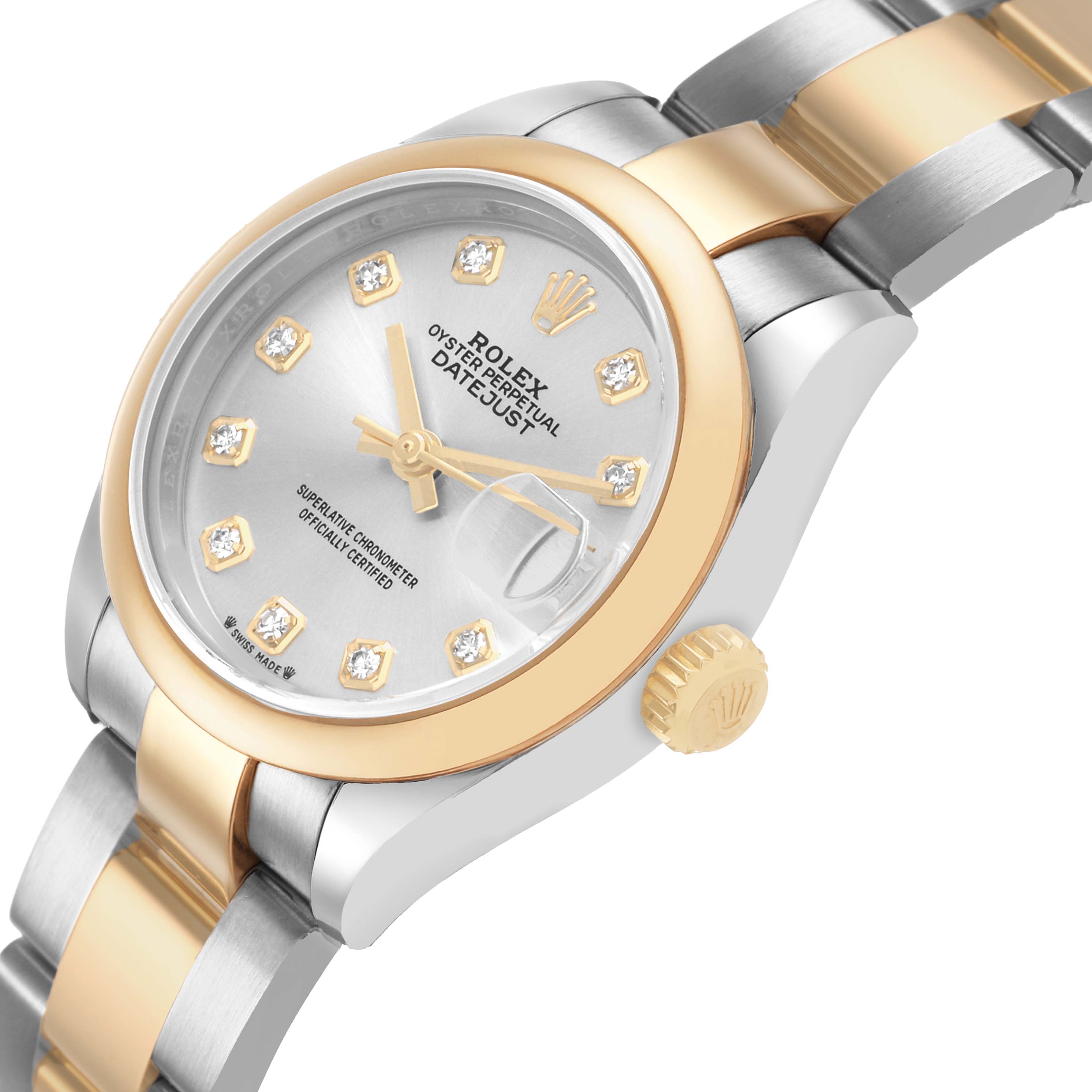 The image shows a Rolex Datejust 279163 Women's Steel and Gold (two tone) Silver Dial from a side angle, highlighting the bezel, crown, bracelet, and dial with diamond markers.