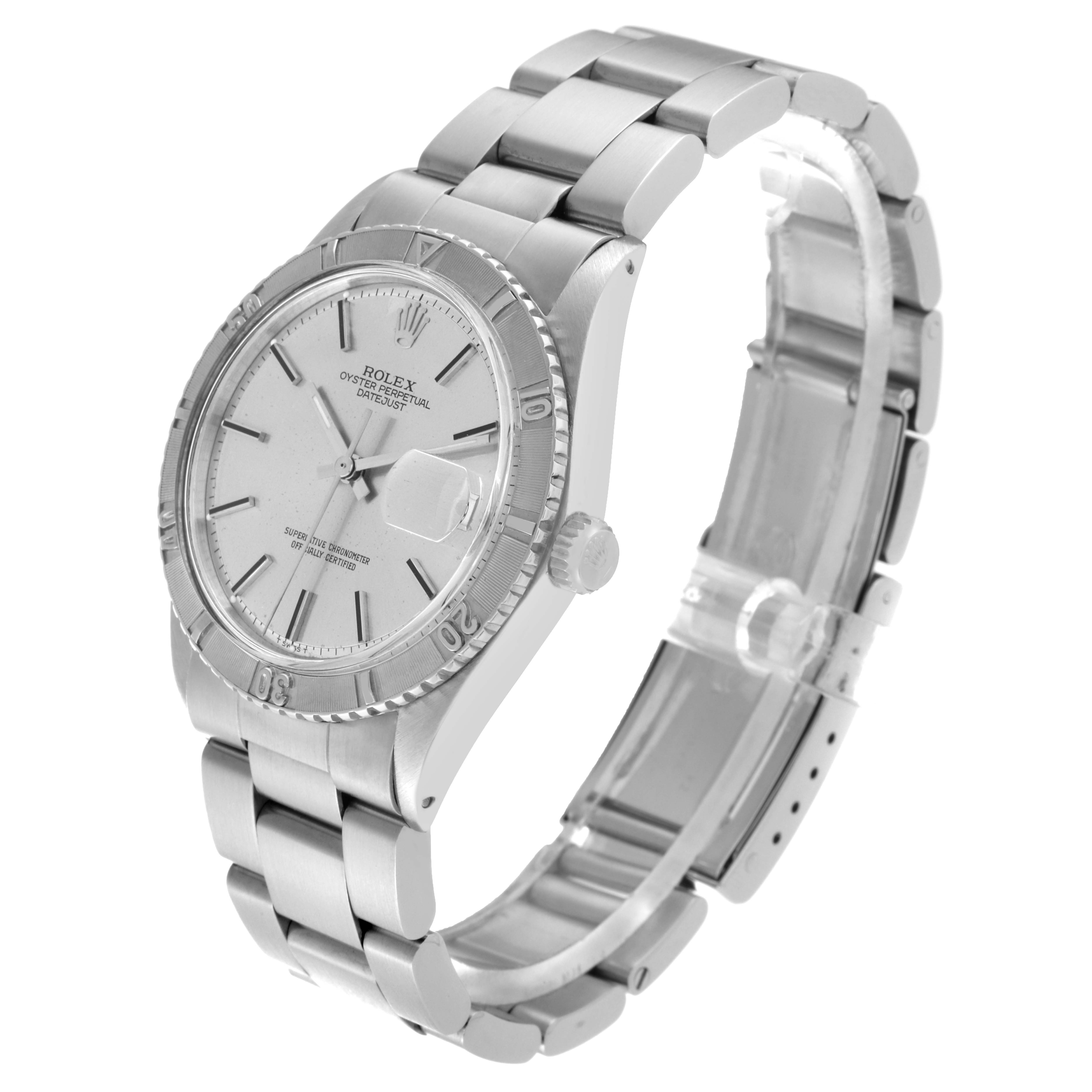 The image shows a Rolex Vintage Collection 1625/4 Men's Stainless Steel Silver Dial 1625/4 Men's Stainless Steel Silver Dial watch from an angled top-side view, highlighting the face, bezel, and bracelet.