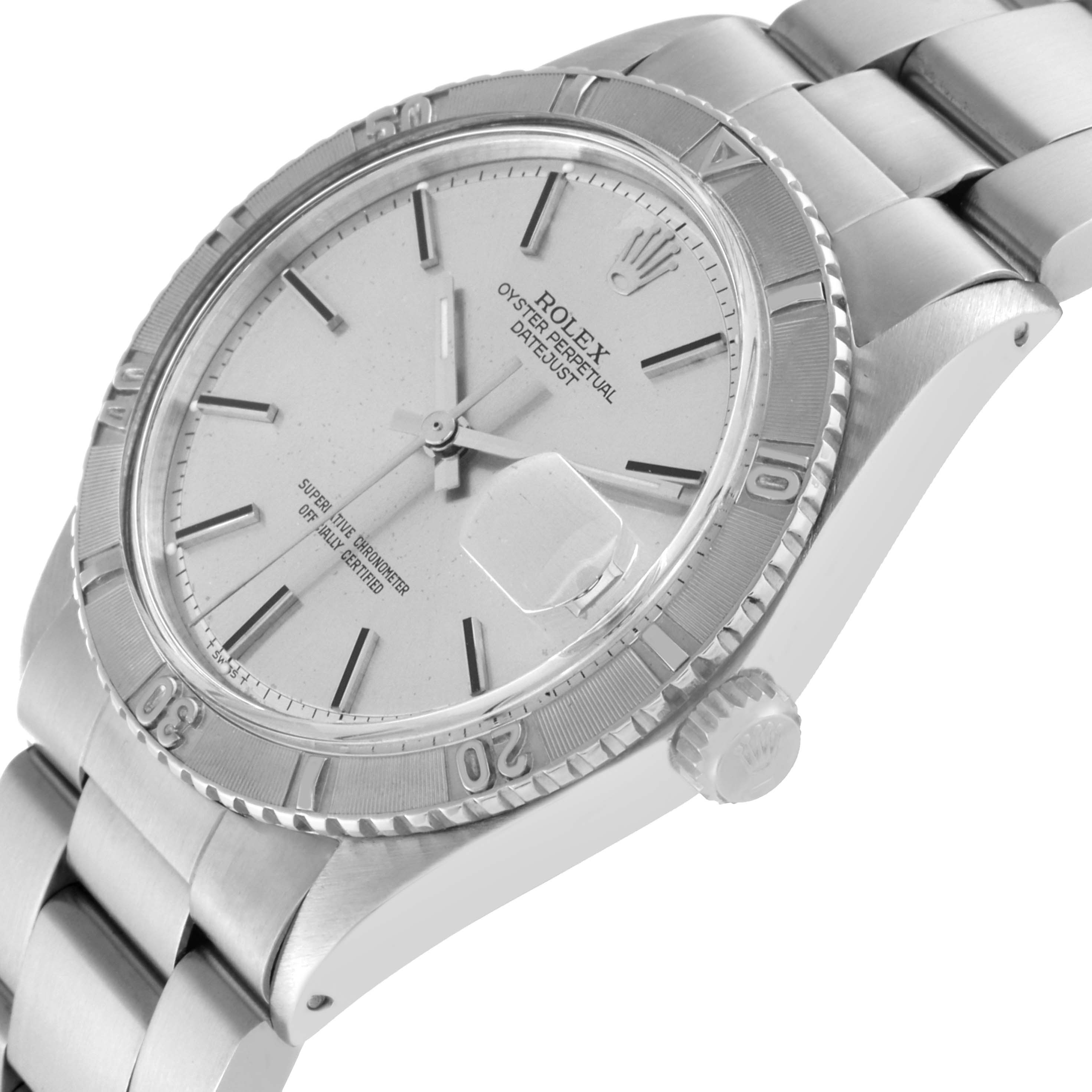 This image shows a Rolex Vintage Collection 1625/4 Men's Stainless Steel Silver Dial 1625/4 Men's Stainless Steel Silver Dial model watch angled from the right side, focusing on the watch face, bezel, and bracelet.