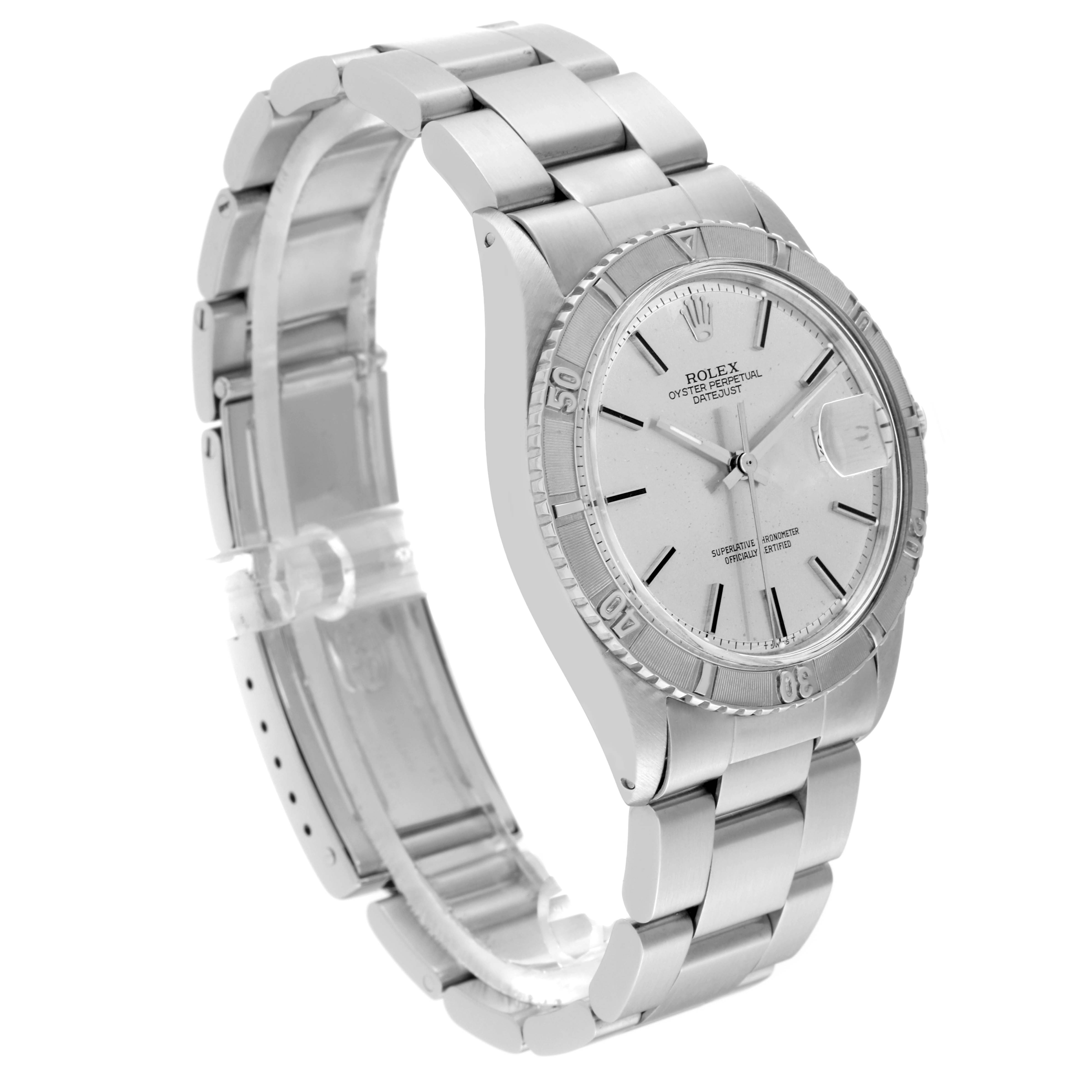 The image shows a side and front view of a Rolex Vintage Collection 1625/4 Men's Stainless Steel Silver Dial 1625/4 Men's Stainless Steel Silver Dial model watch, highlighting its bracelet and face details.