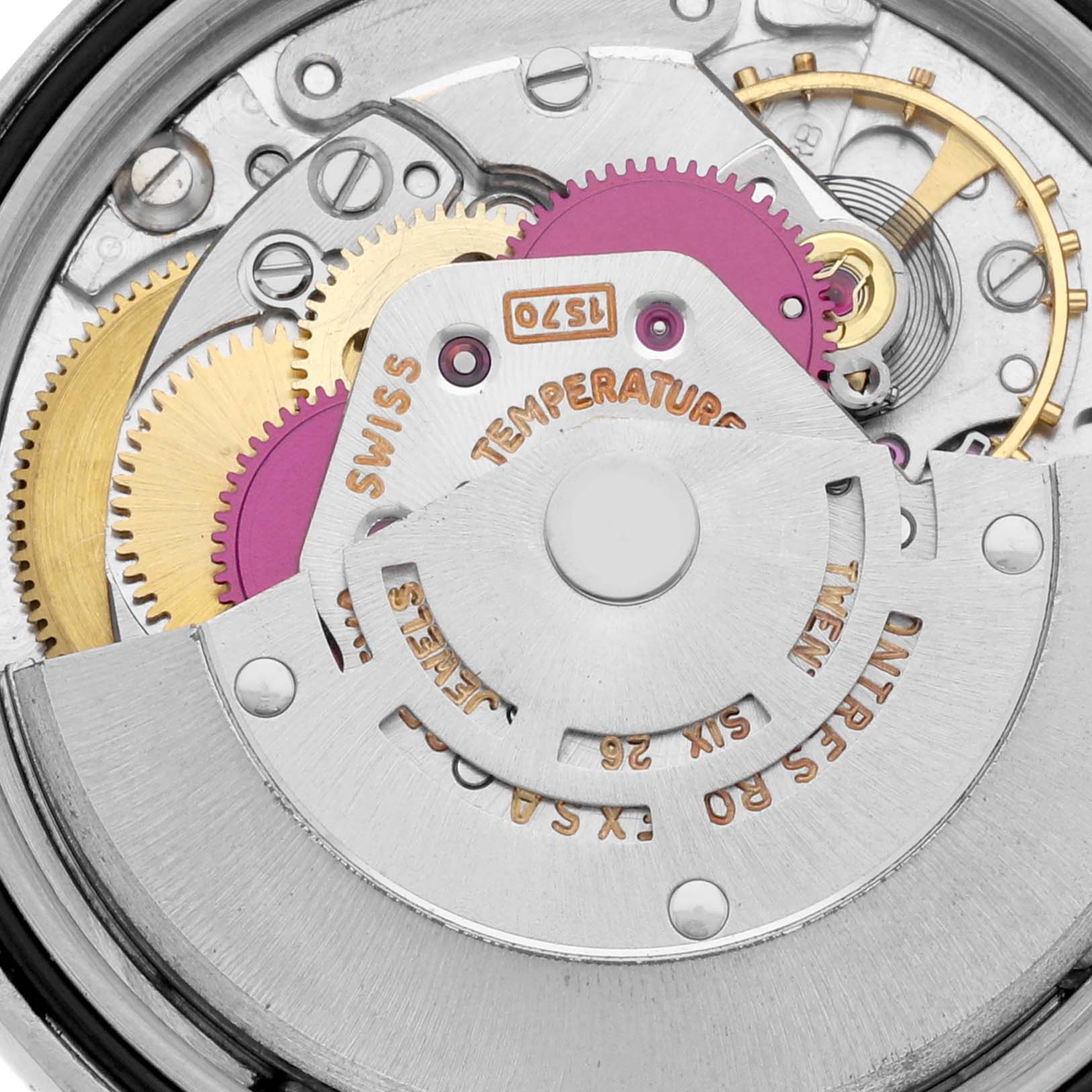 This image shows a close-up of the internal mechanism and gears of the Rolex Vintage Collection 1625/4 Men's Stainless Steel Silver Dial 1625/4 Men's Stainless Steel Silver Dial model.