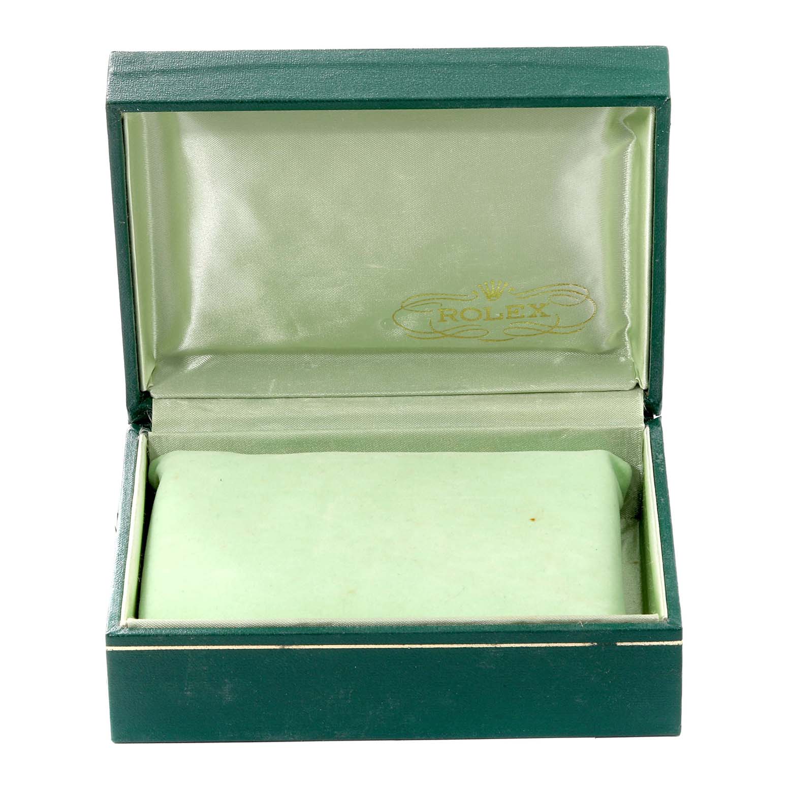 The image shows an open green box for the Rolex Vintage Collection 1625/4 Men's Stainless Steel Silver Dial 1625/4 Men's Stainless Steel Silver Dial model, with the Rolex logo inside the lid.