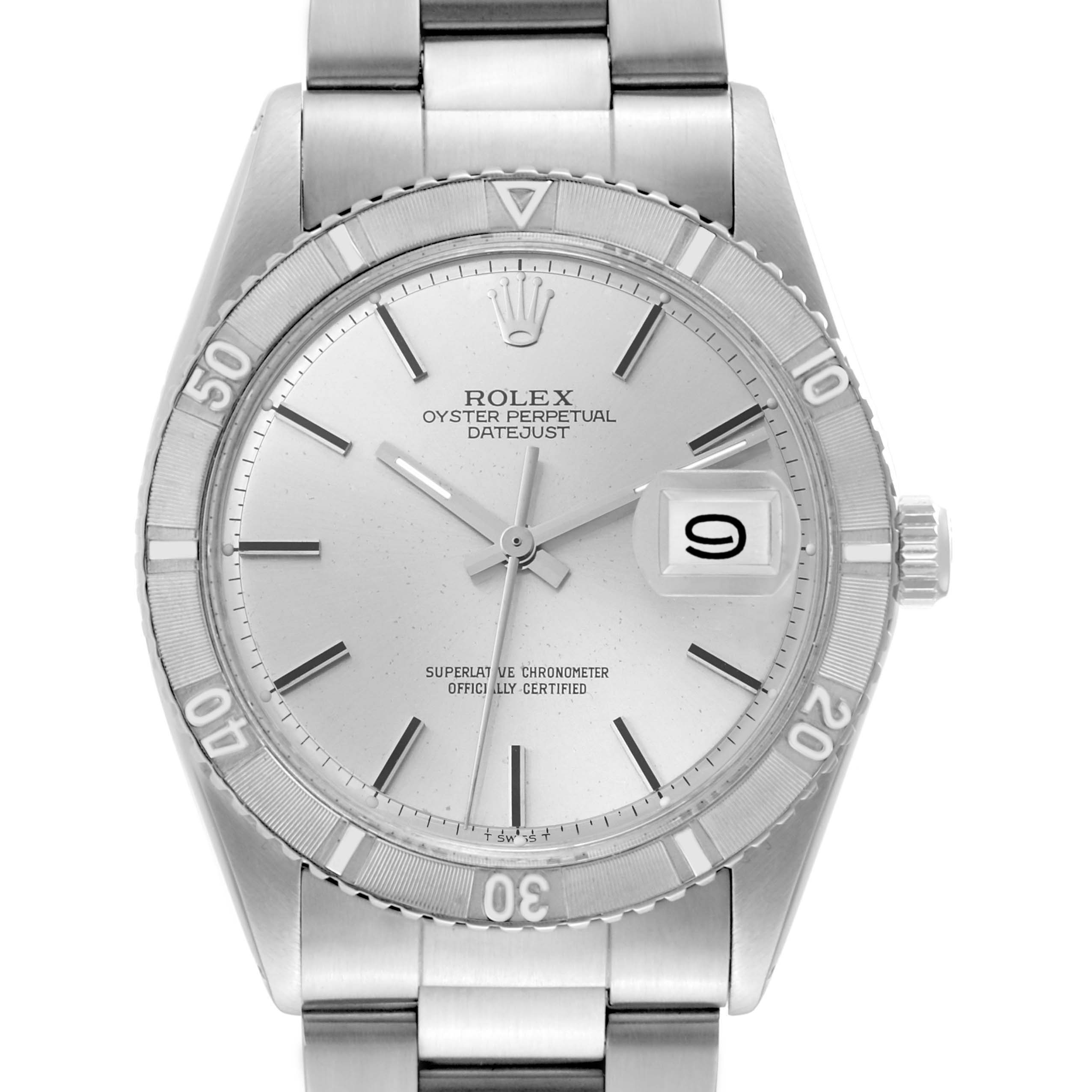 This image shows a front view of the Rolex Vintage Collection 1625/4 Men's Stainless Steel Silver Dial 1625/4 Men's Stainless Steel Silver Dial watch, displaying the dial, bezel, bracelet, and date magnifier.