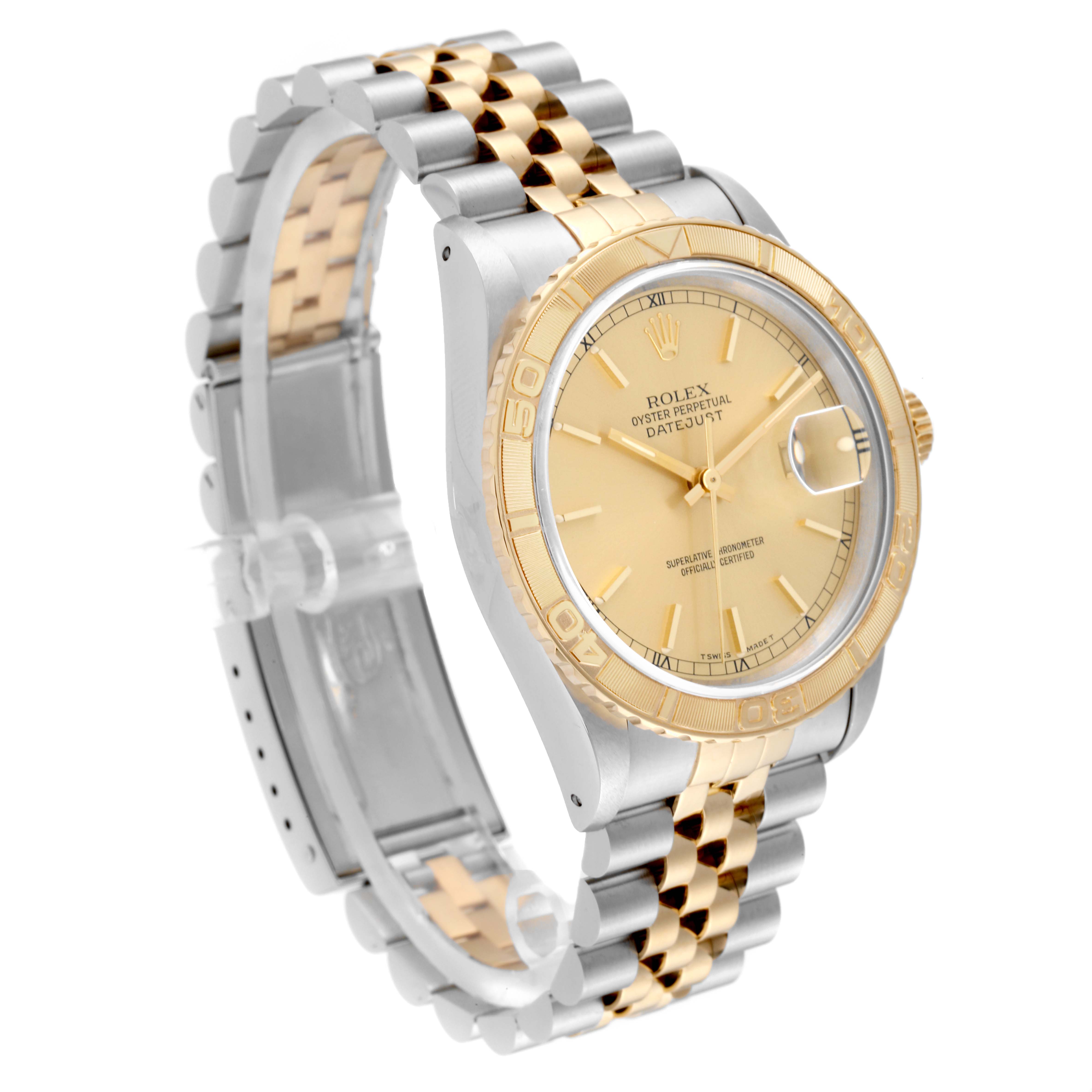 The Rolex Turn-o-Graph 16263 Men's Steel and Gold (two tone) Champagne Dial 16263 Men's Steel and Gold (two tone) Champagne Dial watch is shown at a three-quarter angle, highlighting its gold bezel, dial, and two-tone metal bracelet.