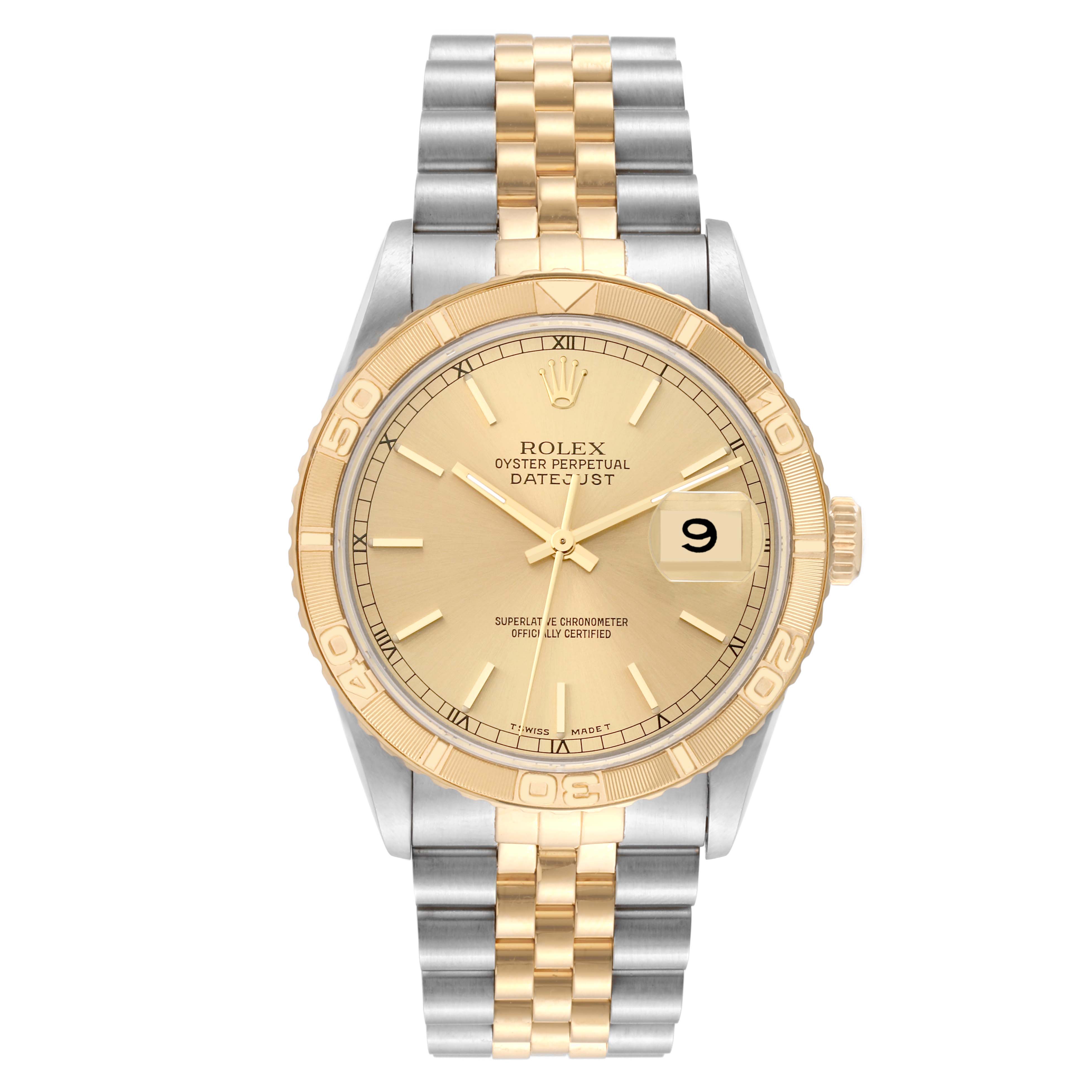 This image features a Rolex Turn-o-Graph 16263 Men's Steel and Gold (two tone) Champagne Dial 16263 Men's Steel and Gold (two tone) Champagne Dial watch, showing a front view with a two-tone bracelet, gold bezel, and date window.
