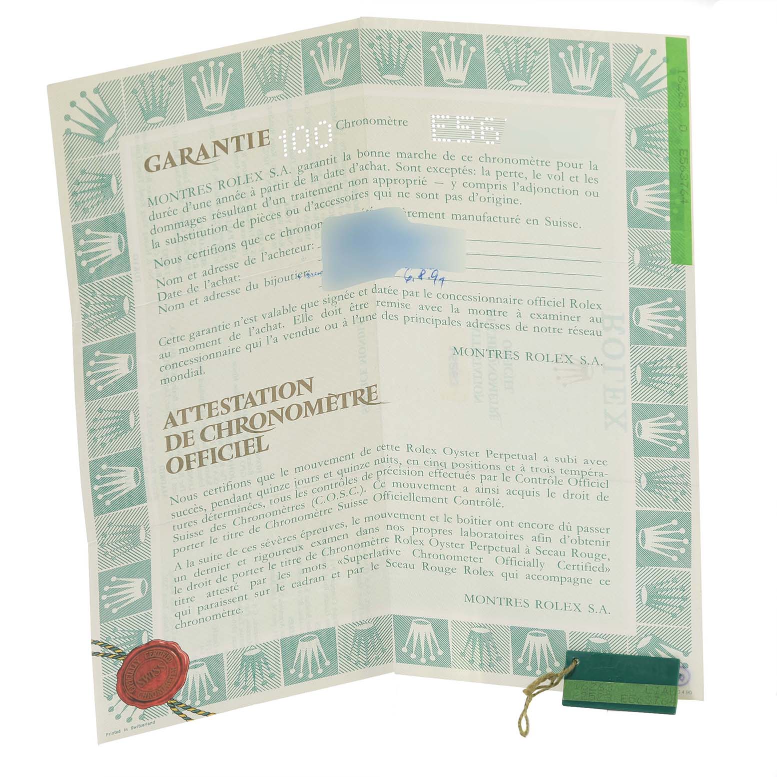 The image shows a warranty and certification card for the Rolex Turn-o-Graph 16263 Men's Steel and Gold (two tone) Champagne Dial 16263 Men's Steel and Gold (two tone) Champagne Dial model.