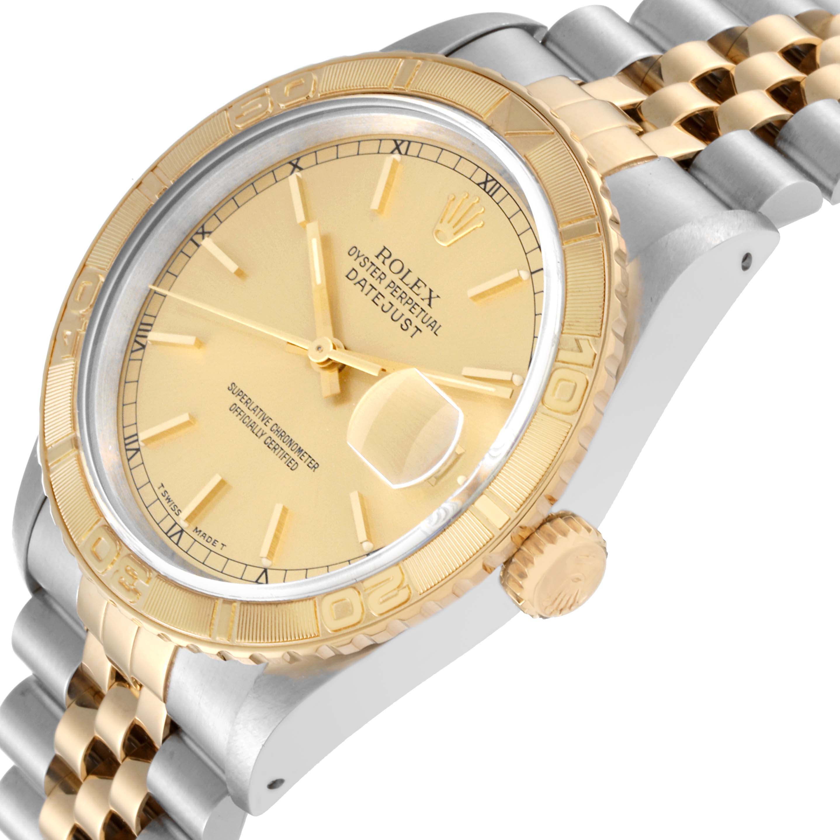 The image shows an angled close-up of the face, bezel, and band of the Rolex Turn-o-Graph 16263 Men's Steel and Gold (two tone) Champagne Dial 16263 Men's Steel and Gold (two tone) Champagne Dial watch.