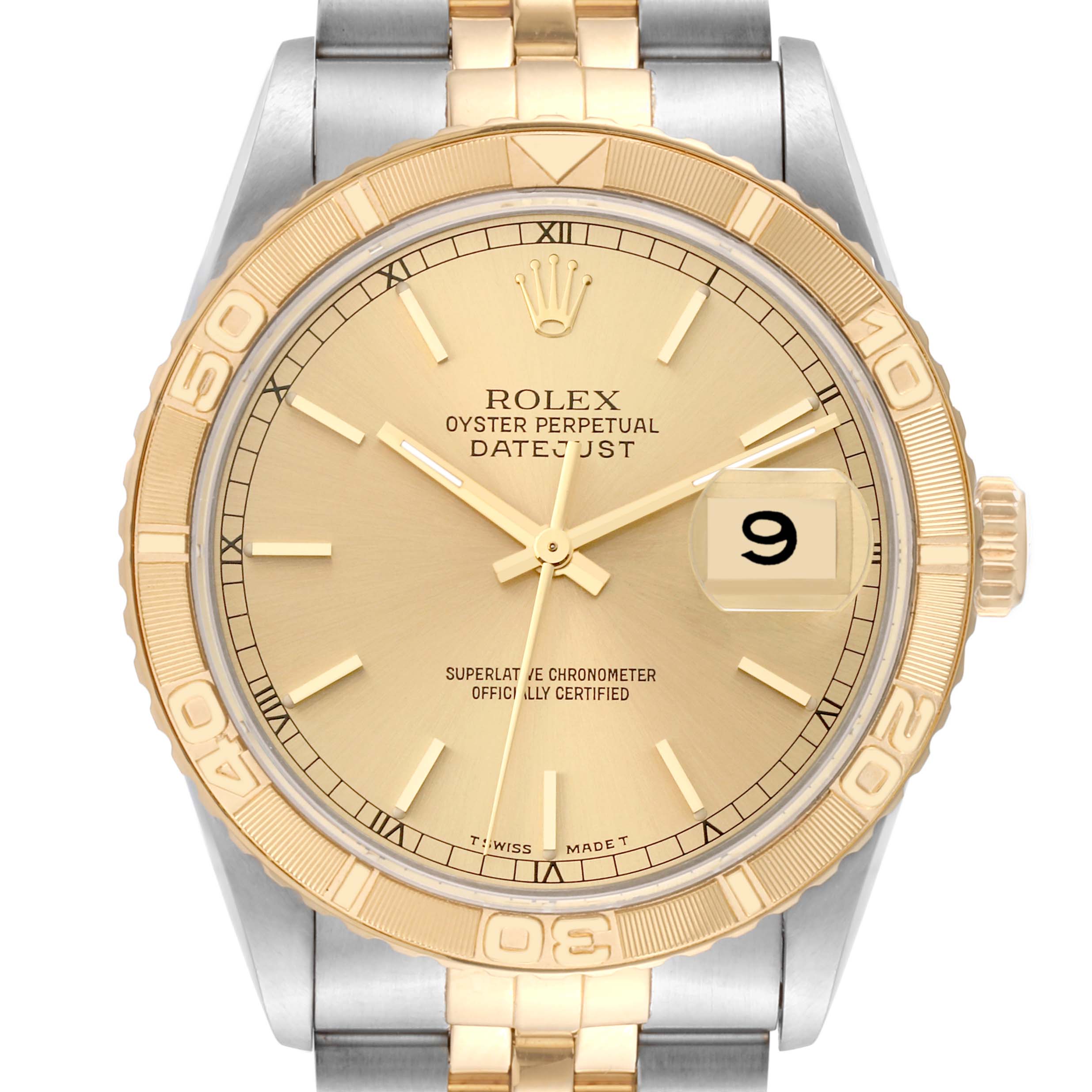 The image shows a front view of a Rolex Turn-o-Graph 16263 Men's Steel and Gold (two tone) Champagne Dial 16263 Men's Steel and Gold (two tone) Champagne Dial watch, highlighting the face, bezel, and part of the bracelet.