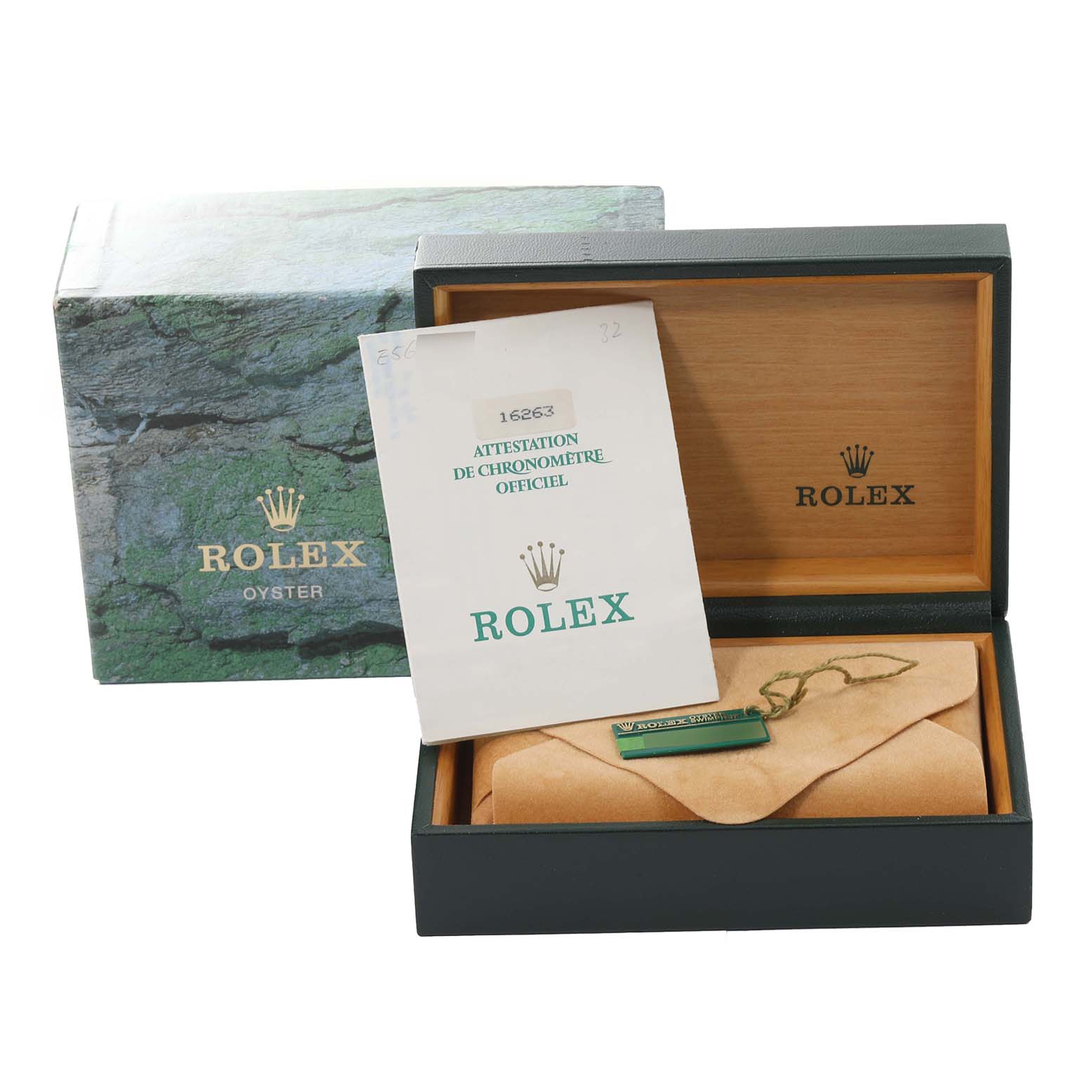 The image shows the packaging, box, and certification paperwork for a Rolex Turn-o-Graph 16263 Men's Steel and Gold (two tone) Champagne Dial 16263 Men's Steel and Gold (two tone) Champagne Dial watch.