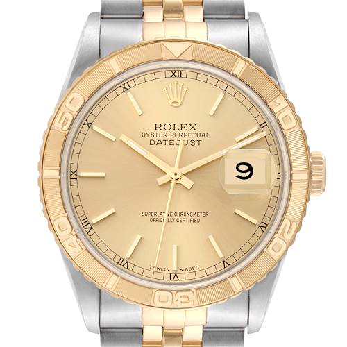 This is a front view of the Rolex Turn-o-Graph, showing its gold bezel, dial, date display, and two-tone bracelet.