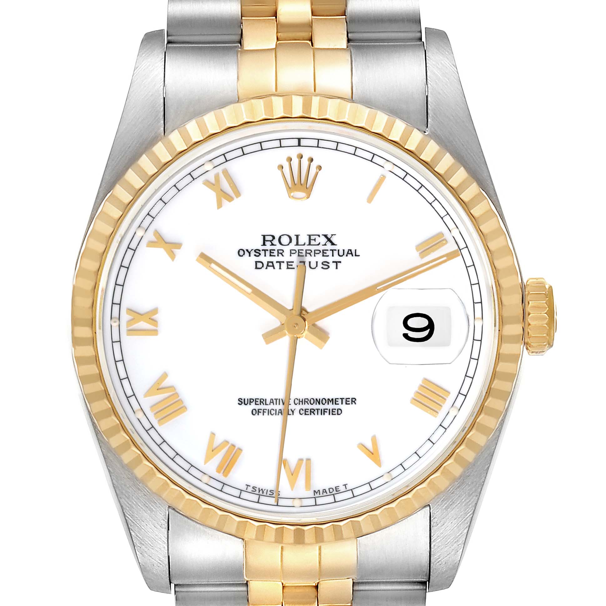 This image shows a frontal view of the Rolex Datejust 16233 Men's Steel and Gold (two tone) White Dial 16233 Men's Steel and Gold (two tone) White Dial watch, showcasing its dial, bezel, and bracelet.