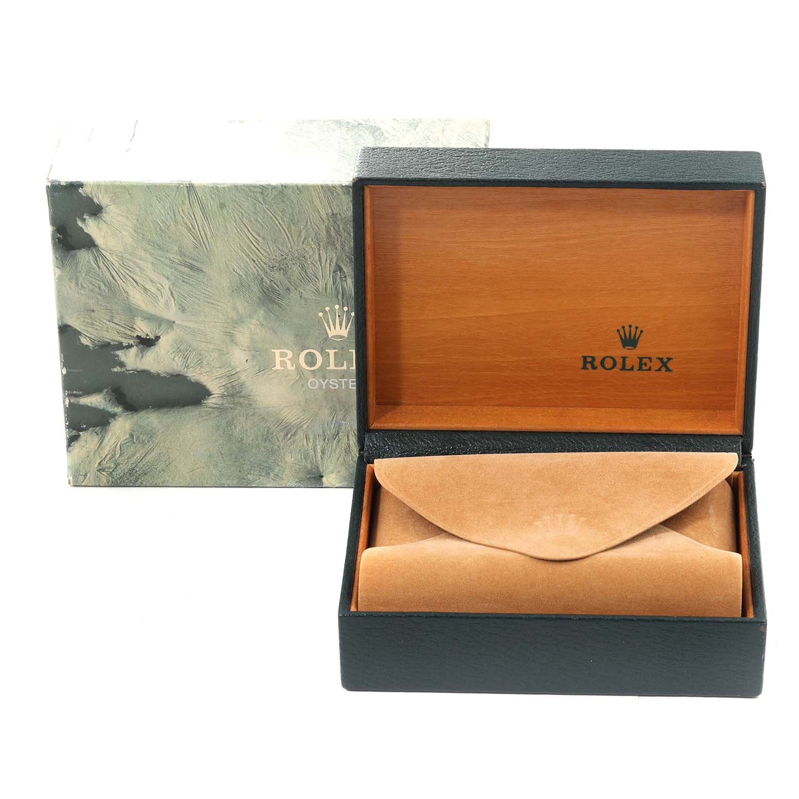 The image shows the open box and outer box of a Rolex Datejust 16233 Men's Steel and Gold (two tone) White Dial 16233 Men's Steel and Gold (two tone) White Dial watch, revealing a tan leather pouch inside.
