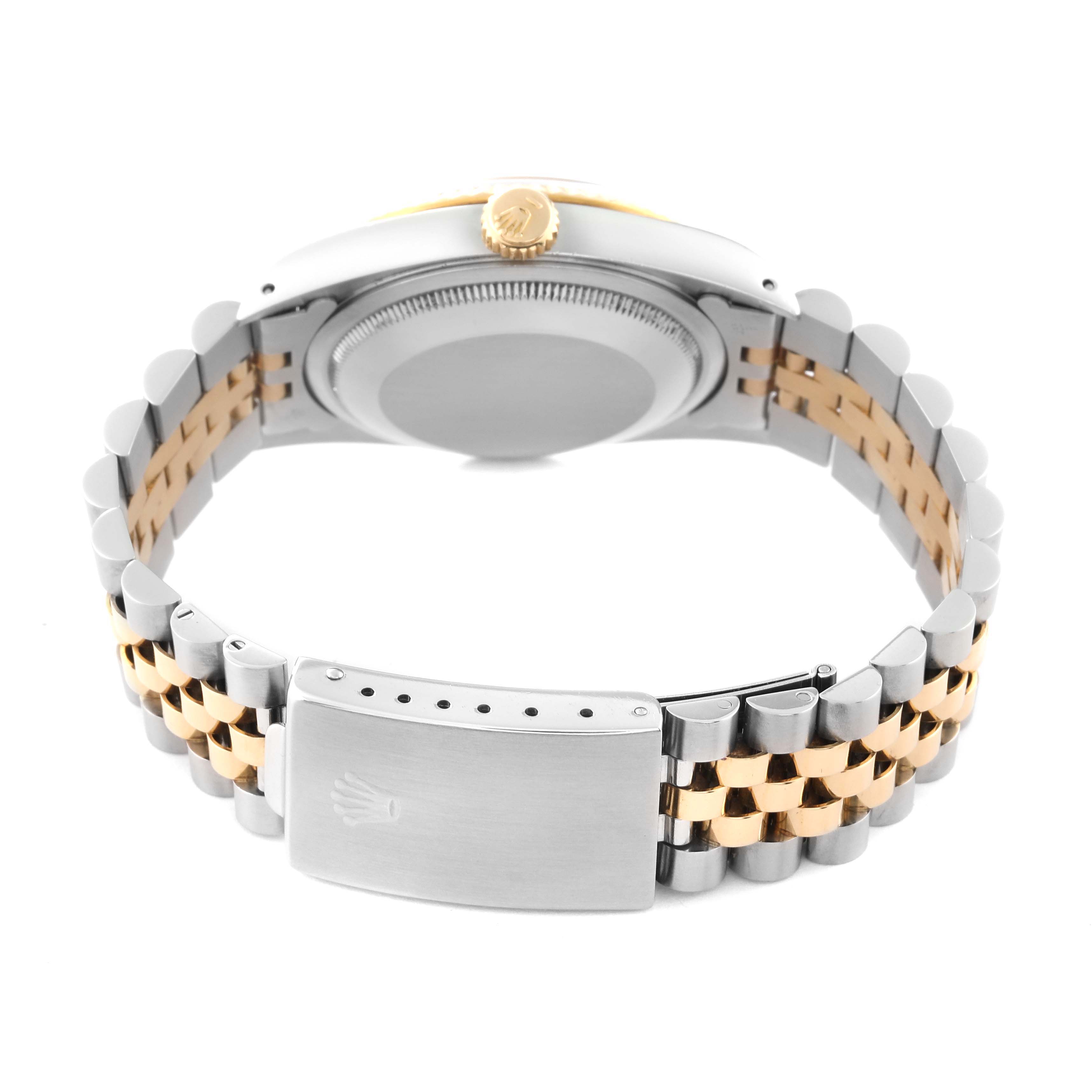 The image shows the Rolex Datejust 16233 Men's Steel and Gold (two tone) White Dial 16233 Men's Steel and Gold (two tone) White Dial watch from a rear angle, highlighting its case back, crown, and two-tone jubilee bracelet with clasp.