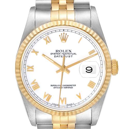 The image shows a front view of the Rolex Datejust's watch face, bezel, and part of its bracelet.