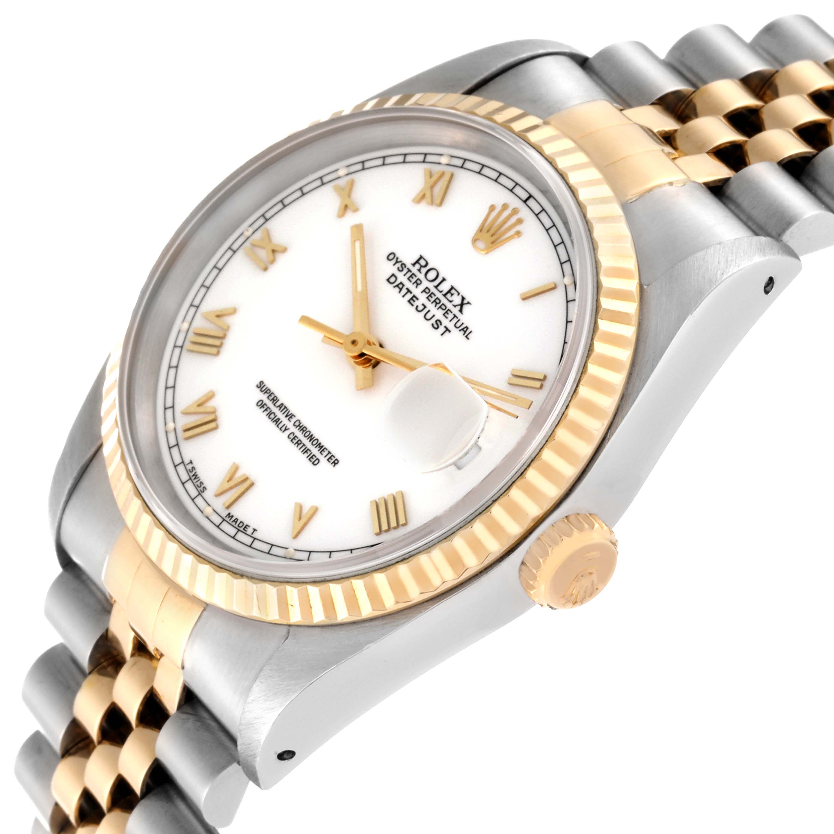 This image shows the Rolex Datejust 16233 Men's Steel and Gold (two tone) White Dial 16233 Men's Steel and Gold (two tone) White Dial watch from a three-quarter angle, highlighting the dial, bezel, and part of the bracelet.