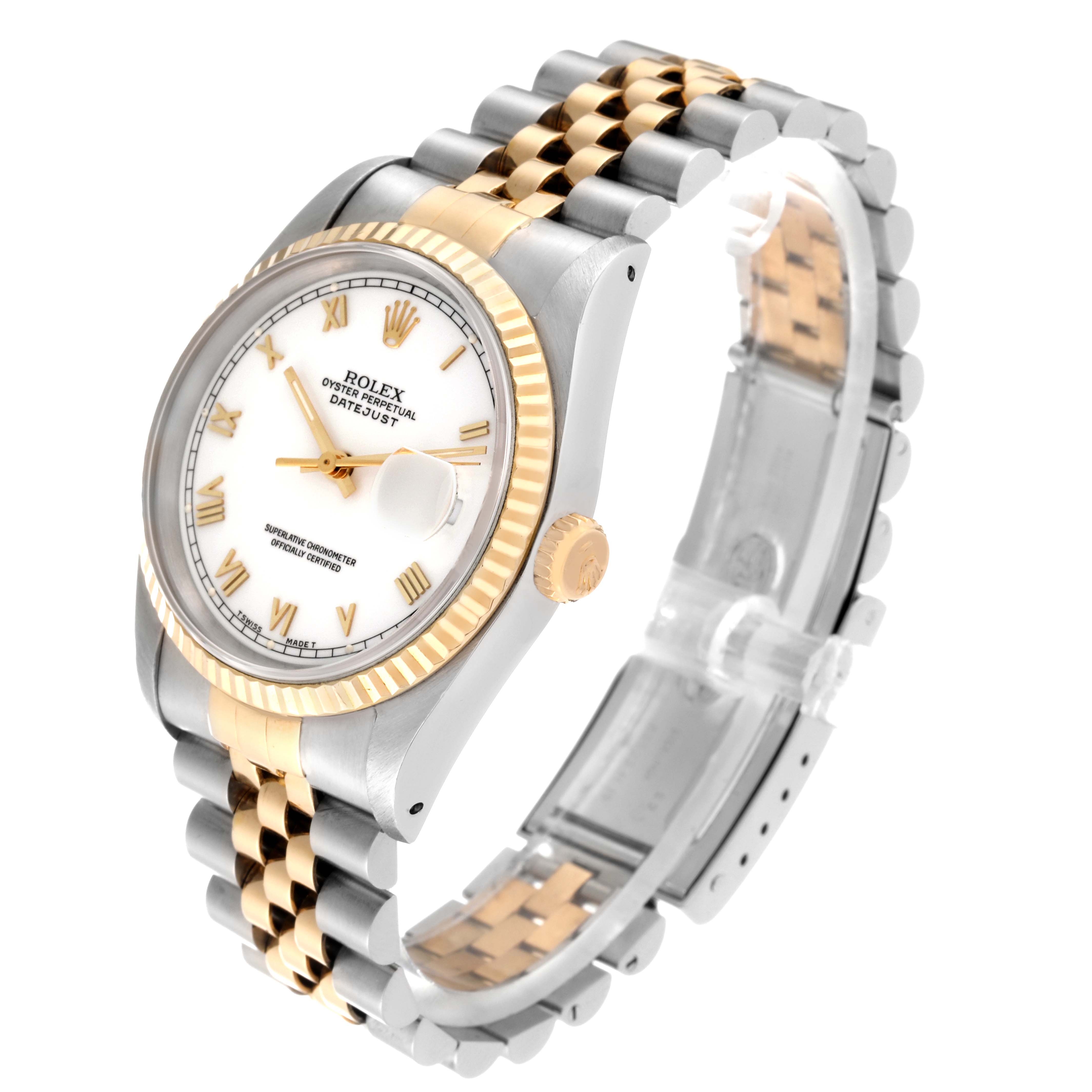 The Rolex Datejust 16233 Men's Steel and Gold (two tone) White Dial 16233 Men's Steel and Gold (two tone) White Dial watch is shown at an angle highlighting the face, bezel, crown, and parts of the bracelet.