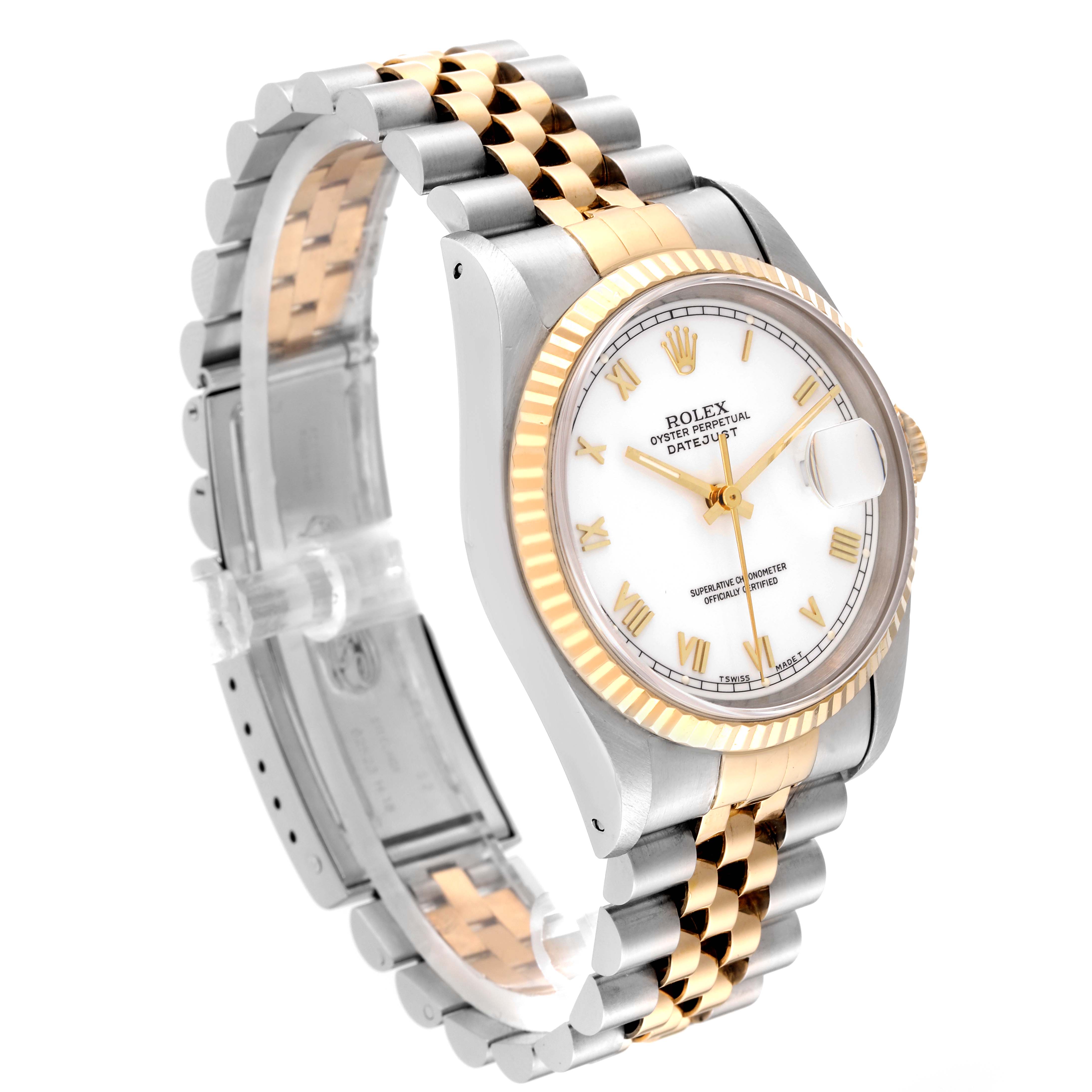 This is a Rolex Datejust 16233 Men's Steel and Gold (two tone) White Dial 16233 Men's Steel and Gold (two tone) White Dial watch shown at an angled side view, highlighting its face, fluted bezel, and two-tone bracelet.