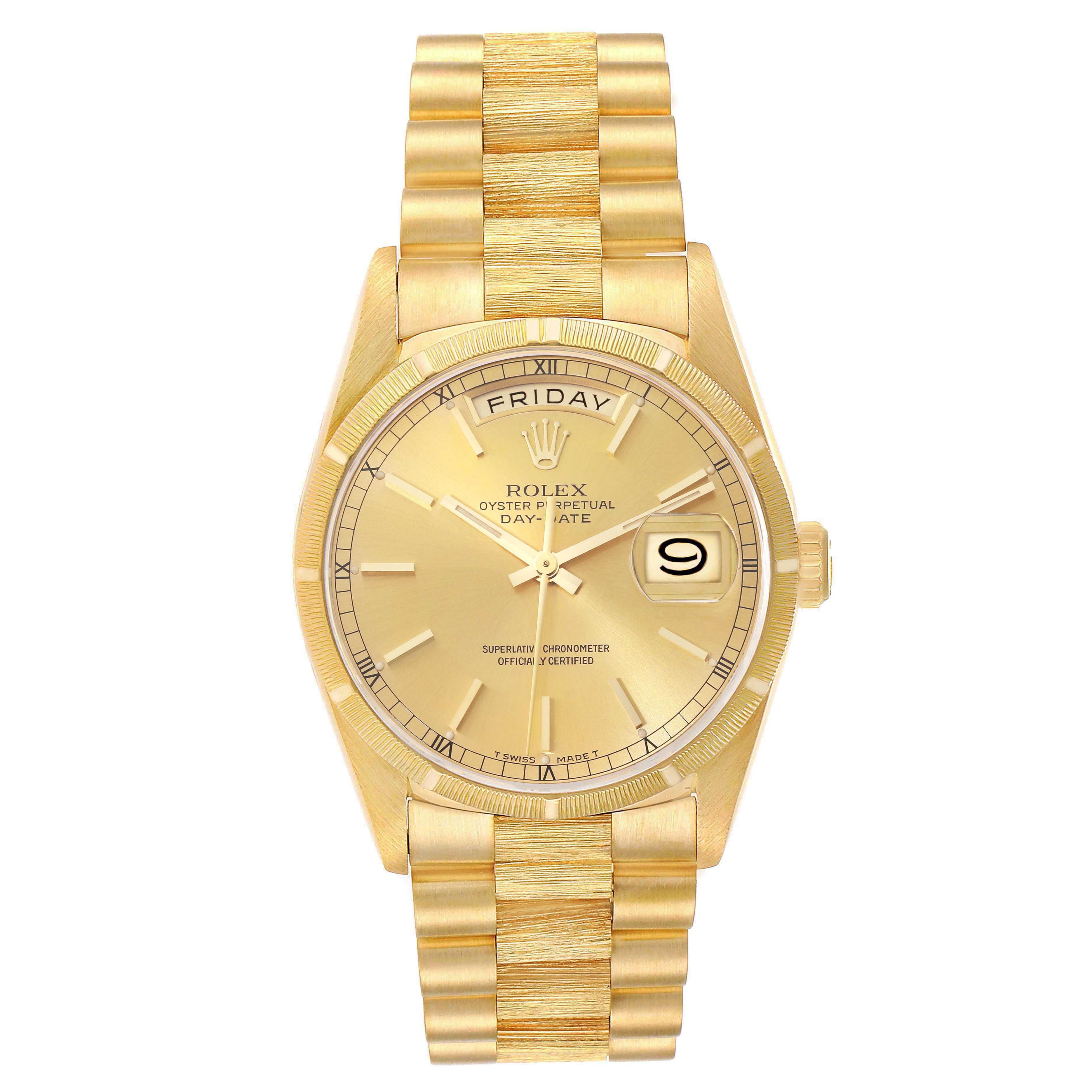 This Rolex President 18248 Men's Yellow Gold Champagne Dial 18248 Men's Yellow Gold Champagne Dial model watch shows the full face, bracelet, and crown from a top-down angle.