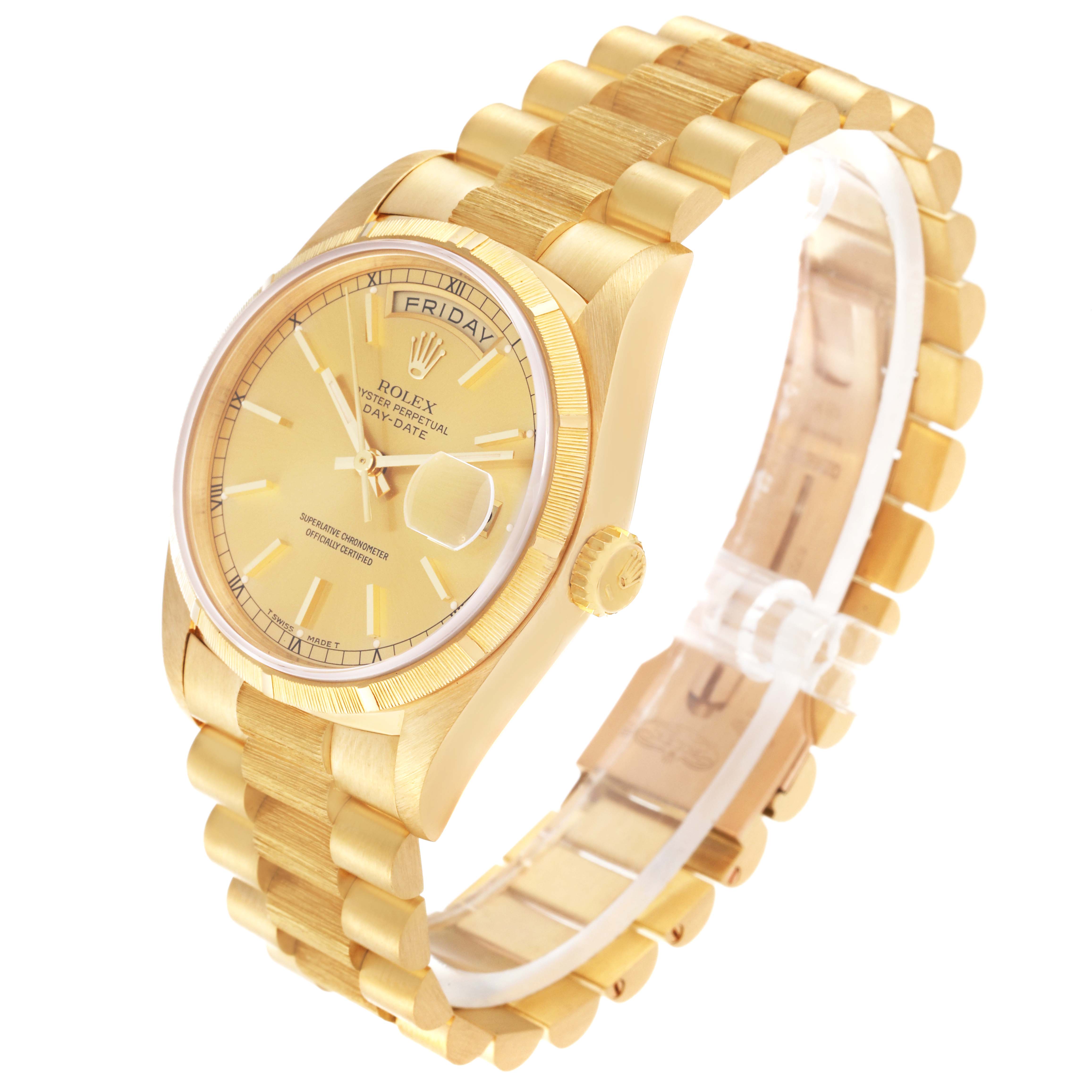 The Rolex President 18248 Men's Yellow Gold Champagne Dial 18248 Men's Yellow Gold Champagne Dial model watch is shown angled from the right, displaying the face, crown, and bracelet.
