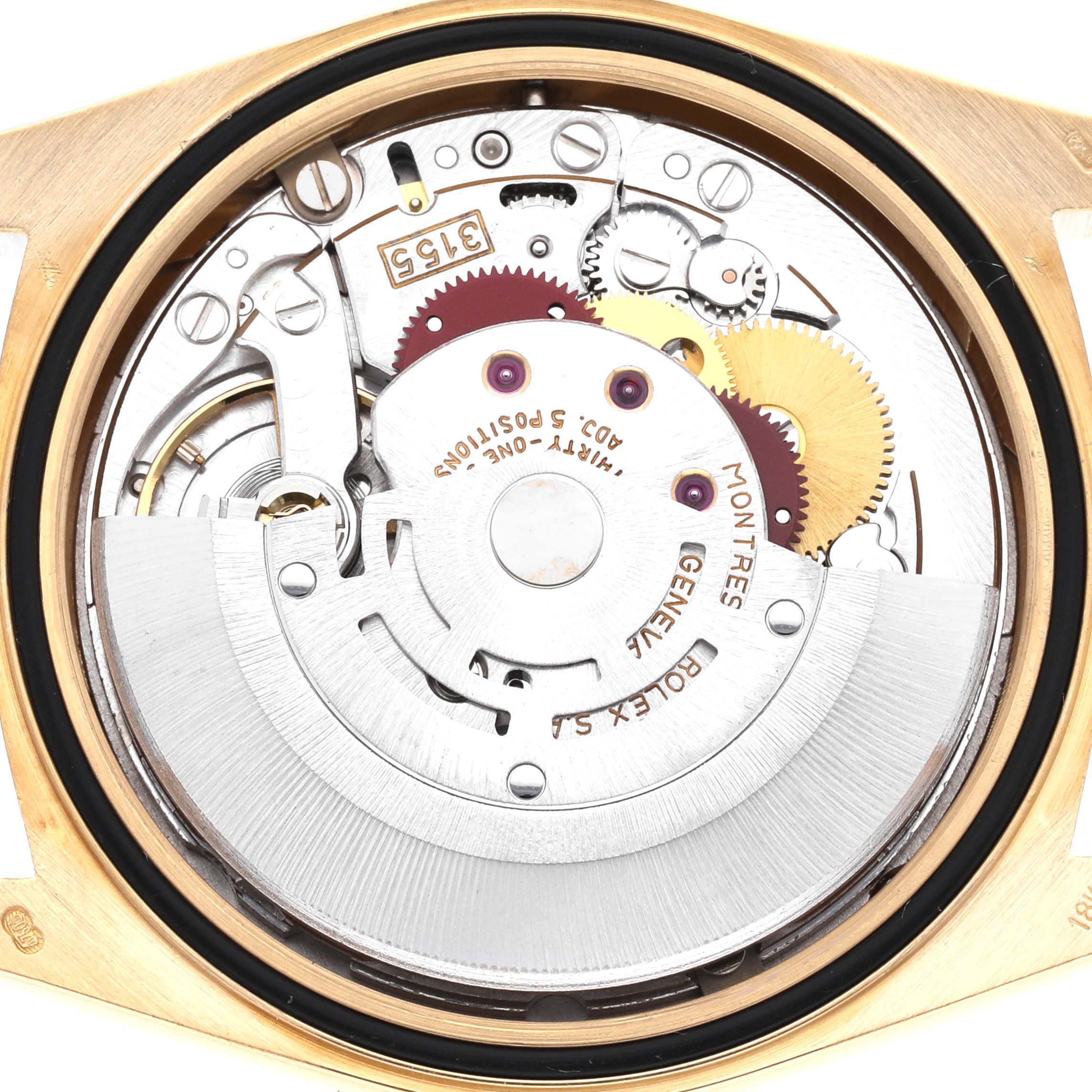 This image shows the inner mechanical components of a Rolex President 18248 Men's Yellow Gold Champagne Dial 18248 Men's Yellow Gold Champagne Dial model watch, viewed from the back.