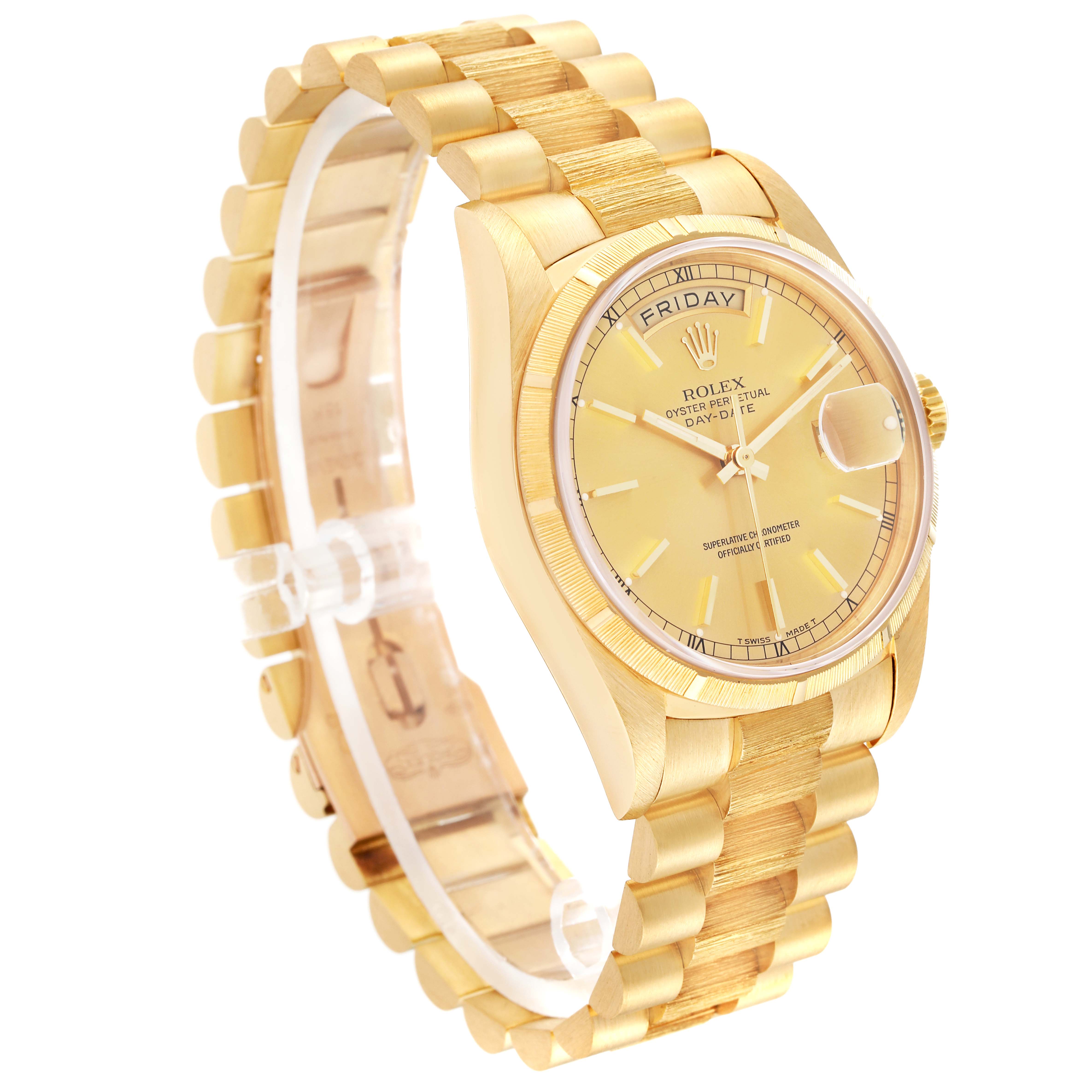 The Rolex President 18248 Men's Yellow Gold Champagne Dial 18248 Men's Yellow Gold Champagne Dial model watch is shown at an angled side view, highlighting its gold case, bracelet, and dial with the day and date display.