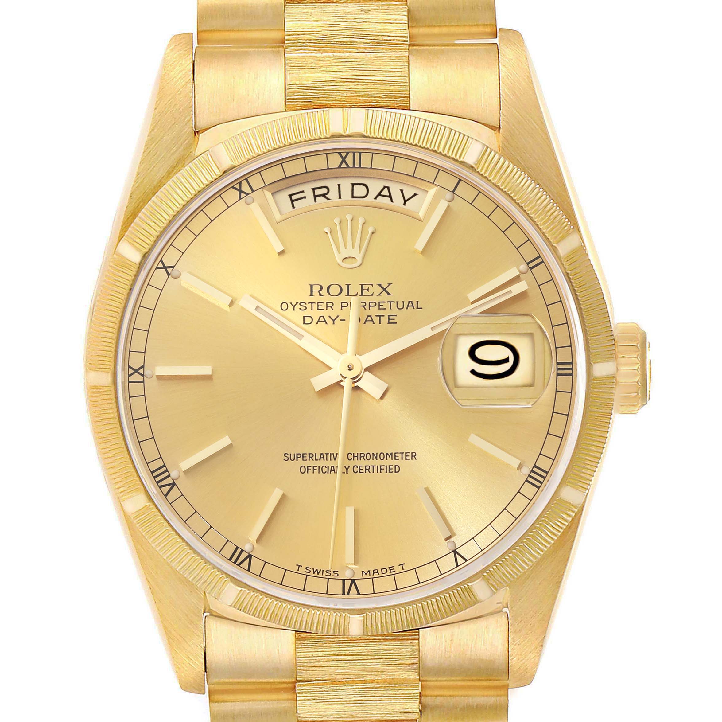 The image shows the Rolex President 18248 Men's Yellow Gold Champagne Dial 18248 Men's Yellow Gold Champagne Dial model watch from a front angle, highlighting the dial, day, date, and part of the bracelet.