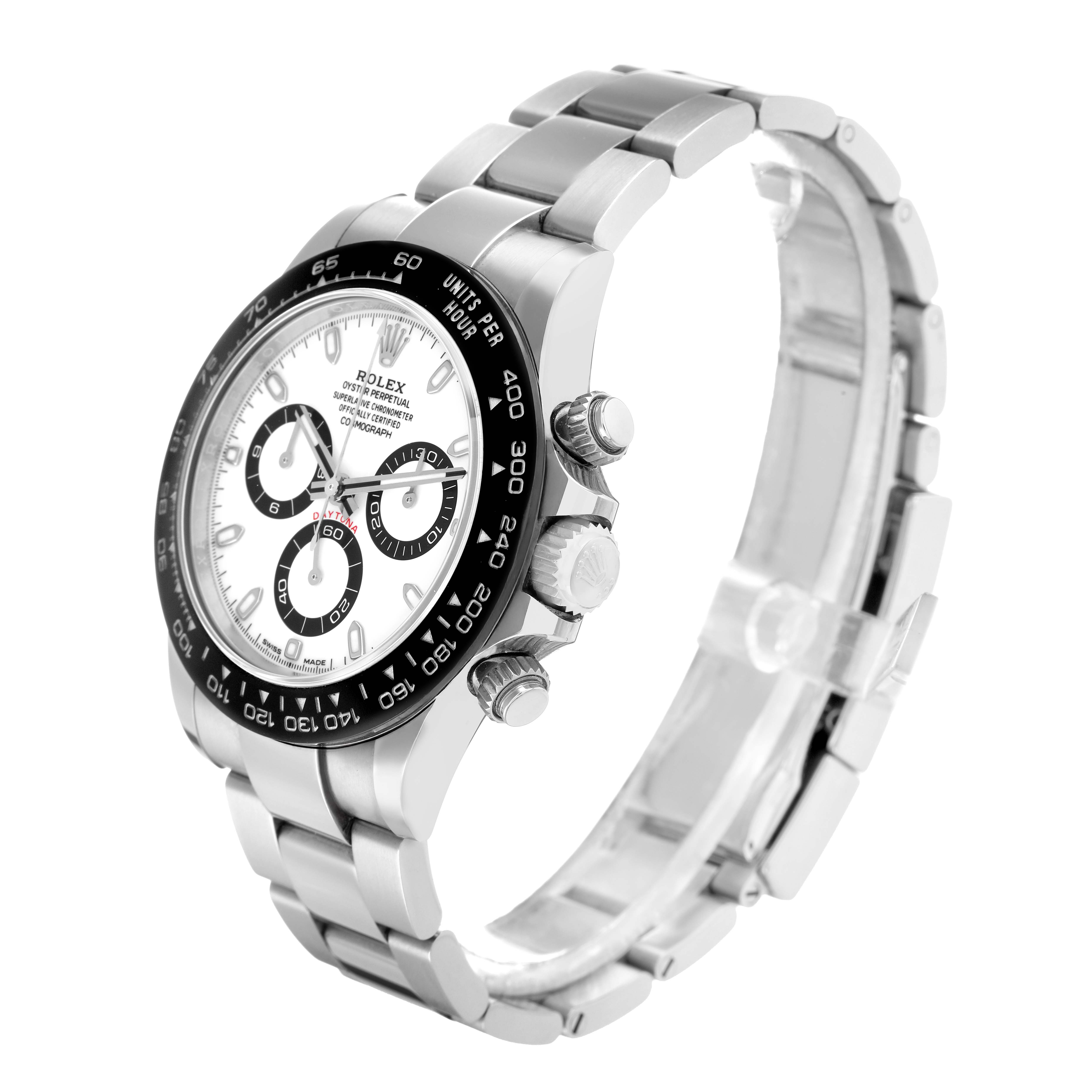 The Rolex Daytona 116500 Men
s Stainless Steel White Dial watch is shown at a side angle, highlighting the bezel, crown, pushers, and bracelet.