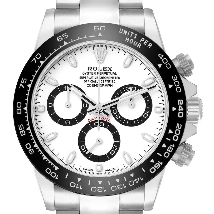 The image shows a front view of the Rolex Daytona 116500 Men's Stainless Steel White Dial, highlighting the dial, bezel, and crown.