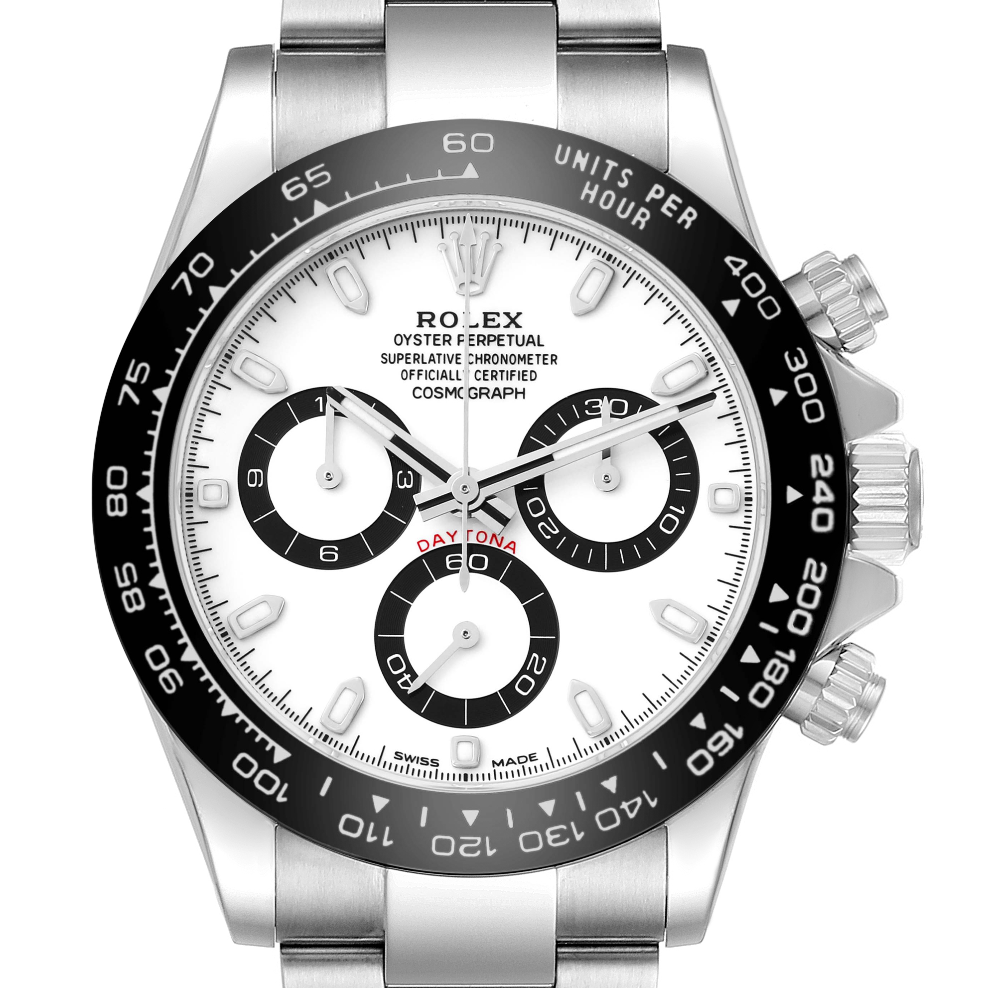 The Rolex Daytona 116500 Men
s Stainless Steel White Dial is shown from the front, highlighting the dial, bezel, and chronograph pushers.